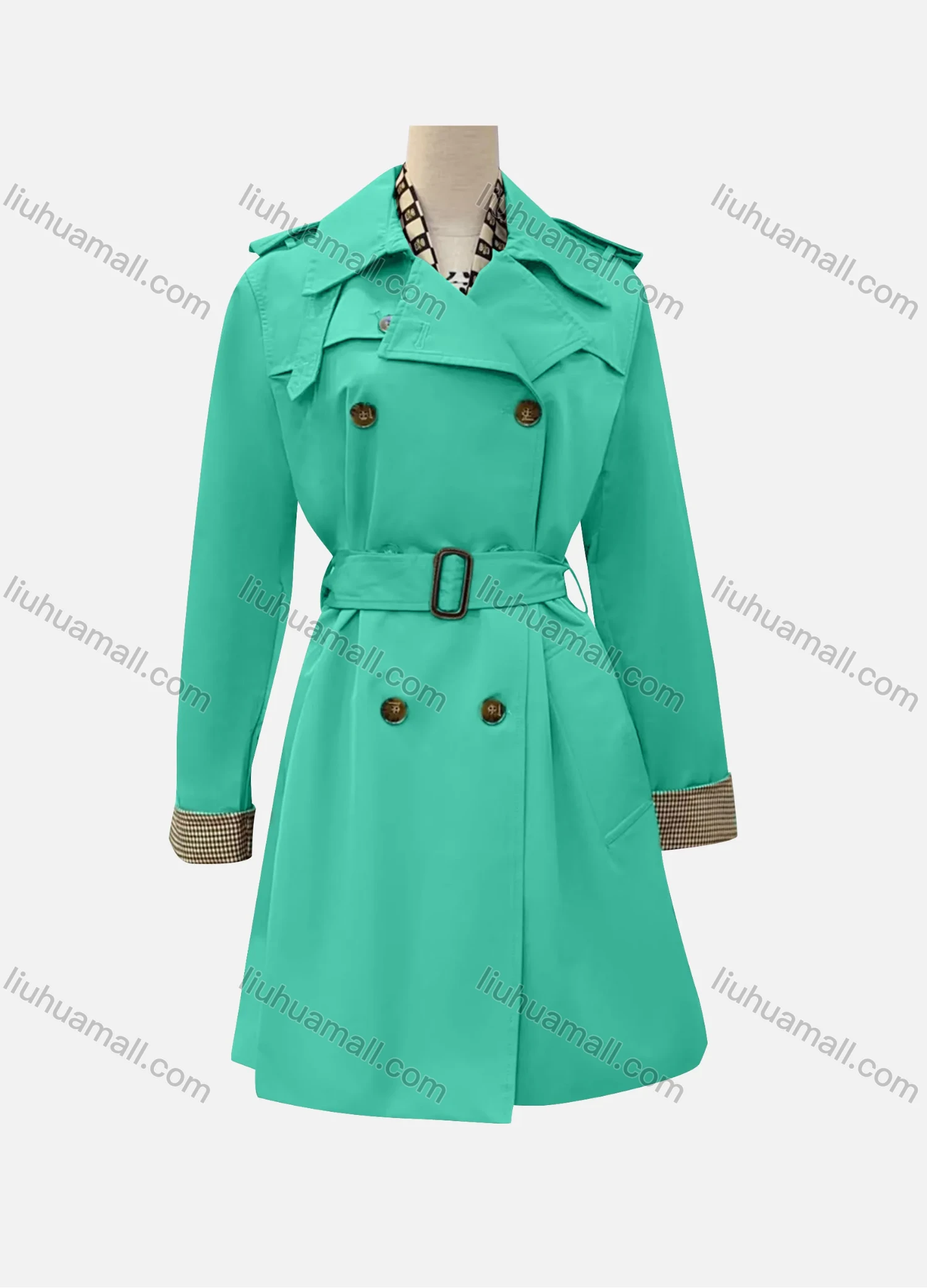 Wholesale Women's Casual Plain Lapel Long Sleeve Double Breasted Trench Coat With Belt - Liuhuamall