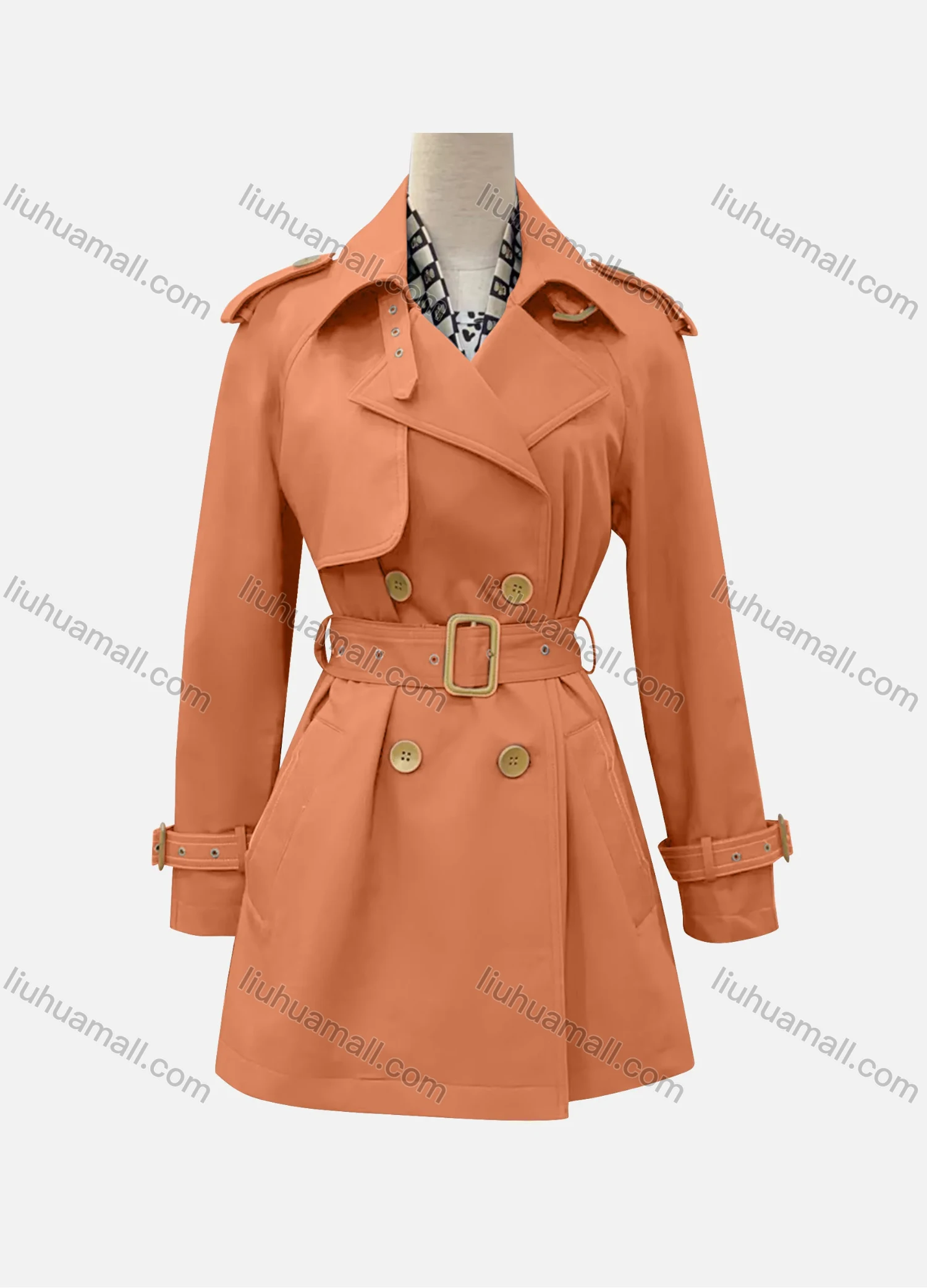 Wholesale Women's Casual Plain Lapel Long Sleeve Double Breasted Trench Coat With Belt - Liuhuamall