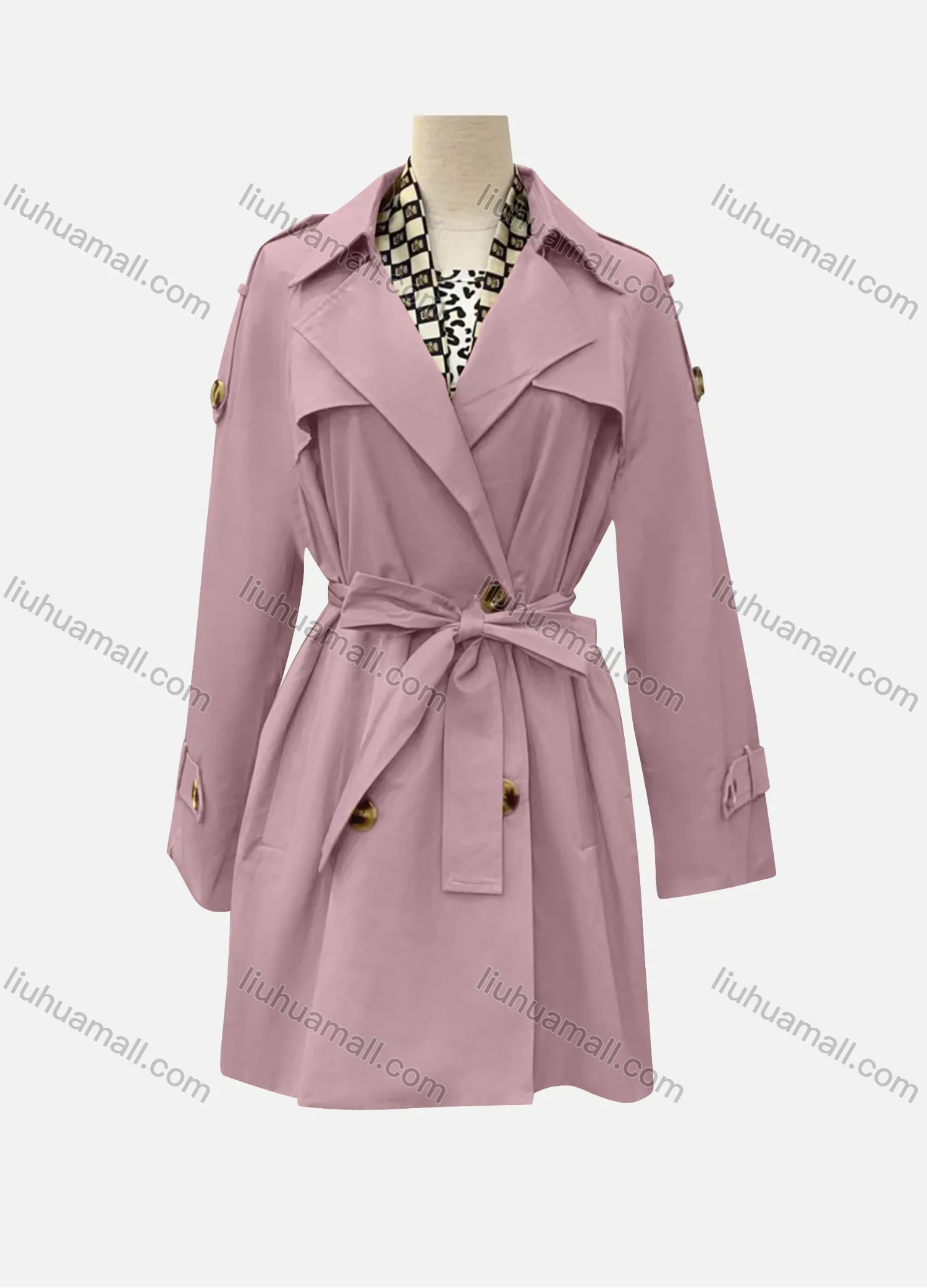 Wholesale Women's Casual Plain Lapel Long Sleeve Double Breasted Trench Coat With Belt - Liuhuamall