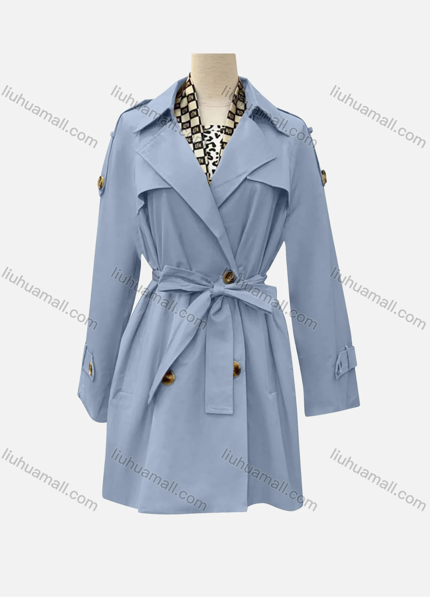 Wholesale Women's Casual Plain Lapel Long Sleeve Double Breasted Trench Coat With Belt - Liuhuamall