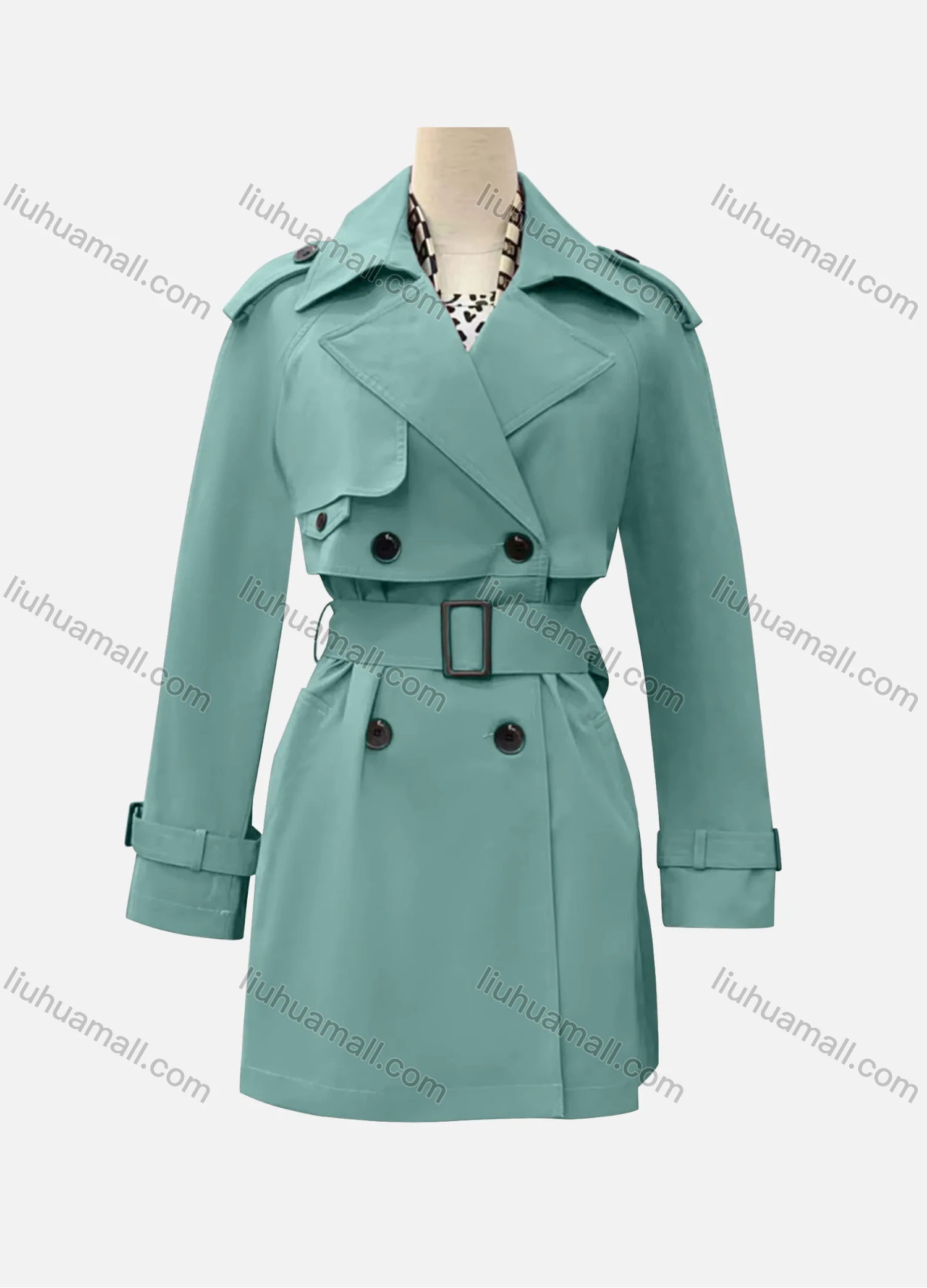 Wholesale Women's Casual Plain Lapel Long Sleeve Double Breasted Trench Coat With Belt - Liuhuamall