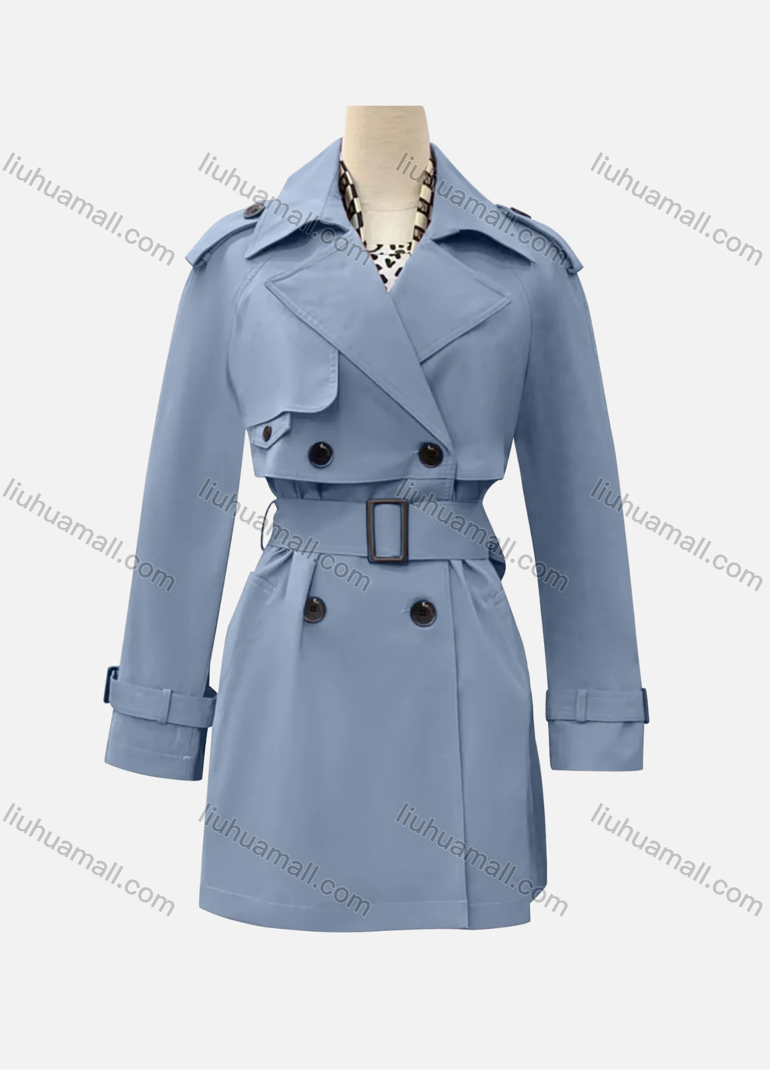 Wholesale Women's Casual Plain Lapel Long Sleeve Double Breasted Trench Coat With Belt - Liuhuamall
