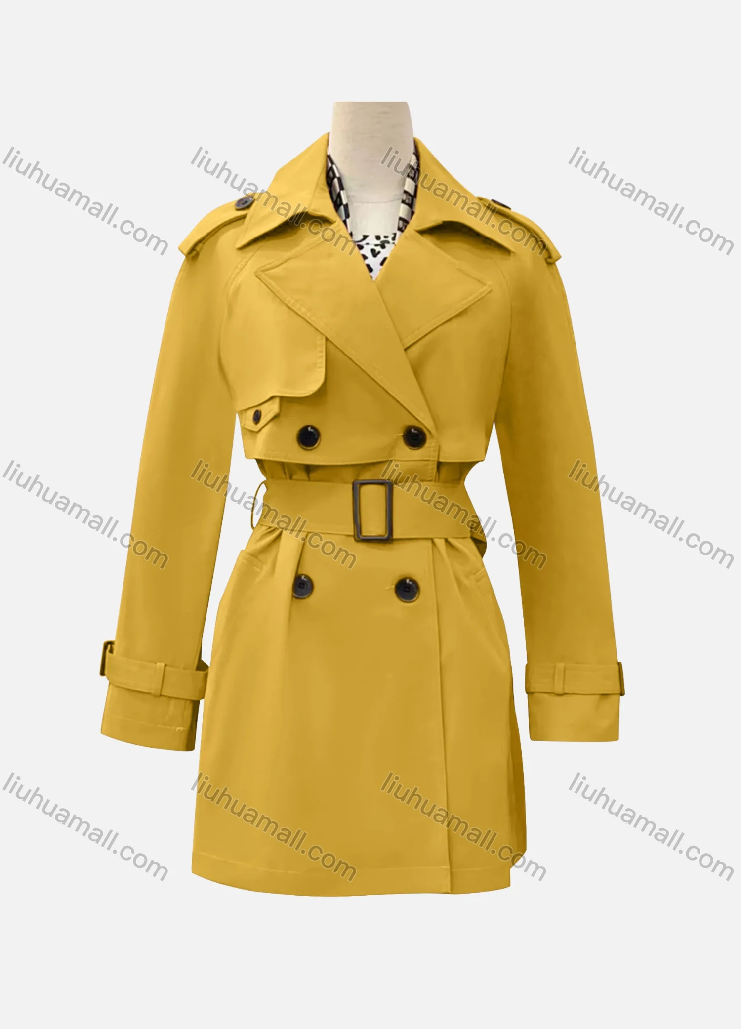 Wholesale Women's Casual Plain Lapel Long Sleeve Double Breasted Trench Coat With Belt - Liuhuamall