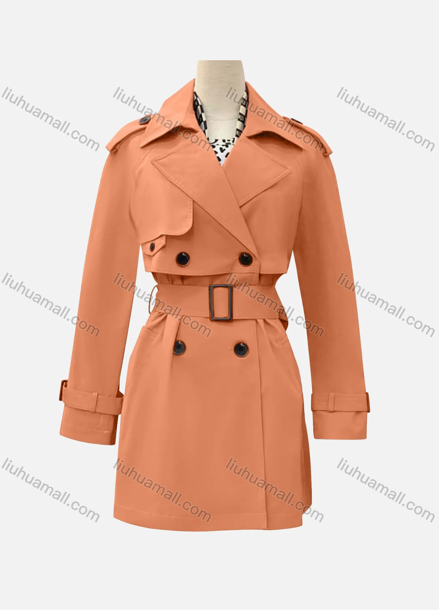 Wholesale Women's Casual Plain Lapel Long Sleeve Double Breasted Trench Coat With Belt - Liuhuamall