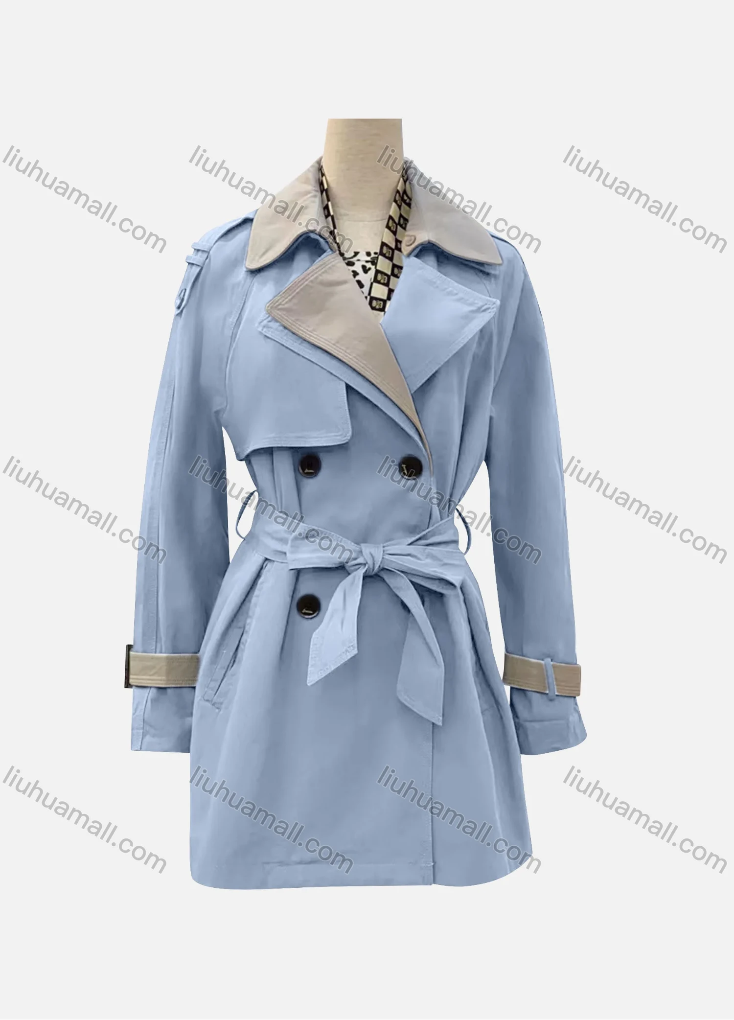 Wholesale Women's Casual Plain Lapel Long Sleeve Double Breasted Trench Coat With Belt - Liuhuamall