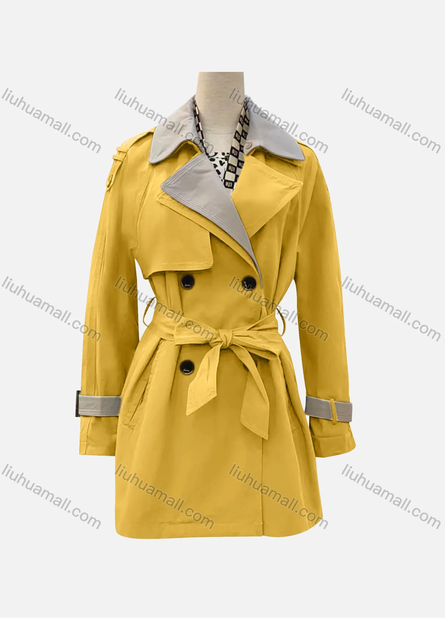 Wholesale Women's Casual Plain Lapel Long Sleeve Double Breasted Trench Coat With Belt - Liuhuamall