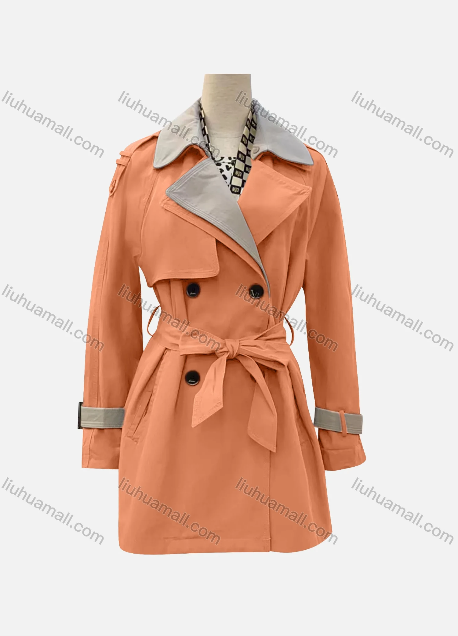 Wholesale Women's Casual Plain Lapel Long Sleeve Double Breasted Trench Coat With Belt - Liuhuamall