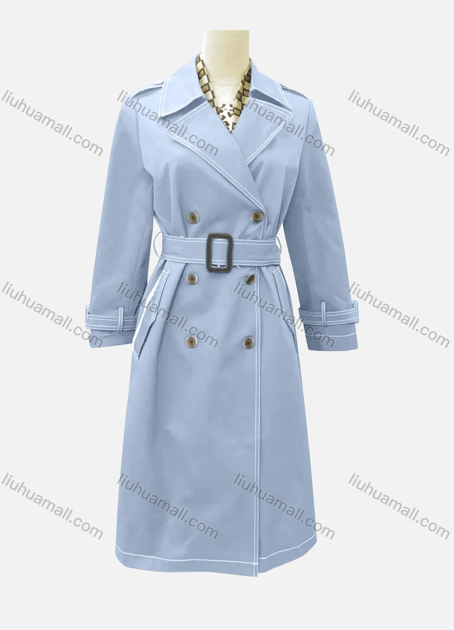 Wholesale Women's Casual Plain Lapel Long Sleeve Double Breasted Trench Coat With Belt - Liuhuamall