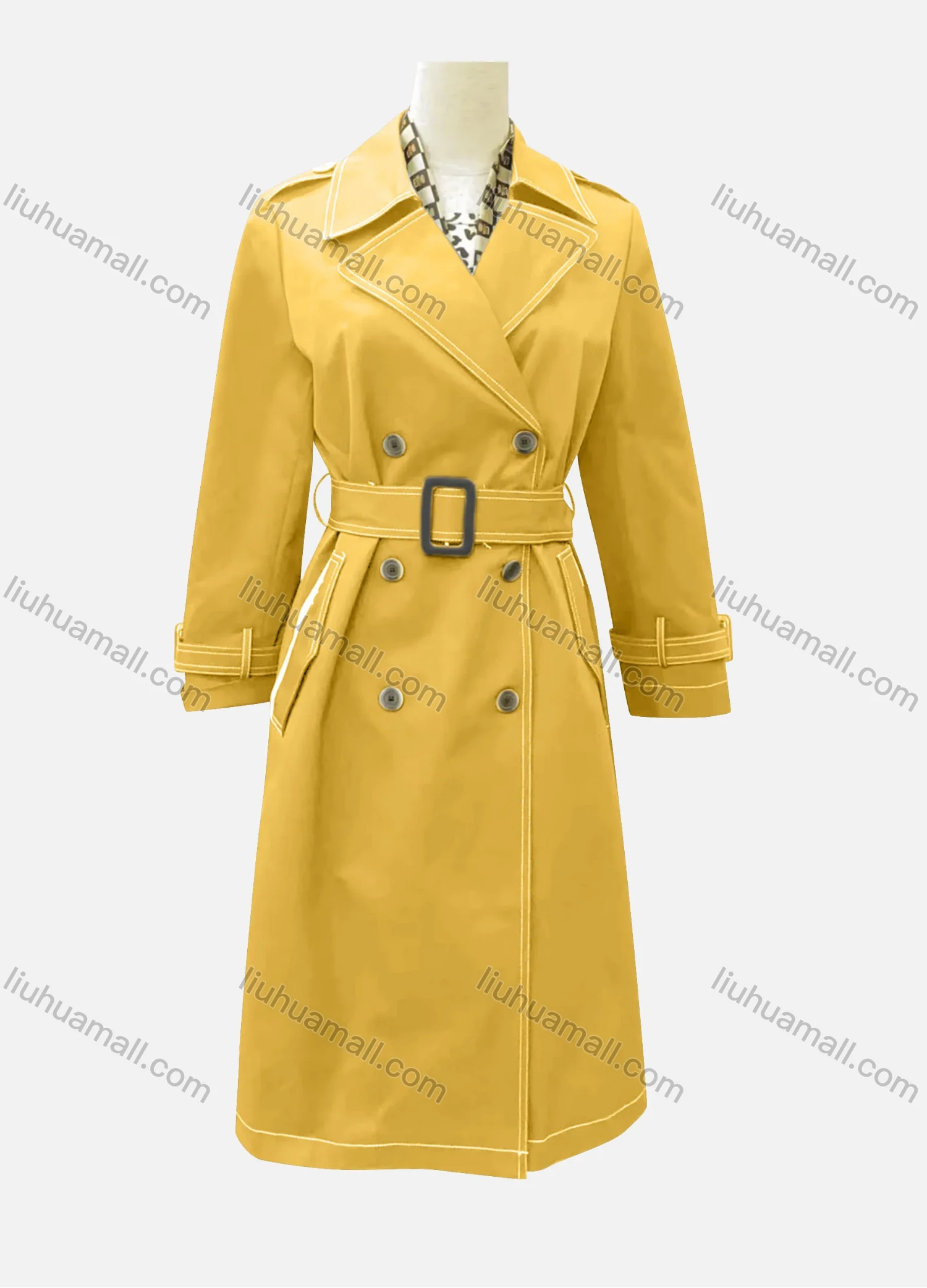 Wholesale Women's Casual Plain Lapel Long Sleeve Double Breasted Trench Coat With Belt - Liuhuamall