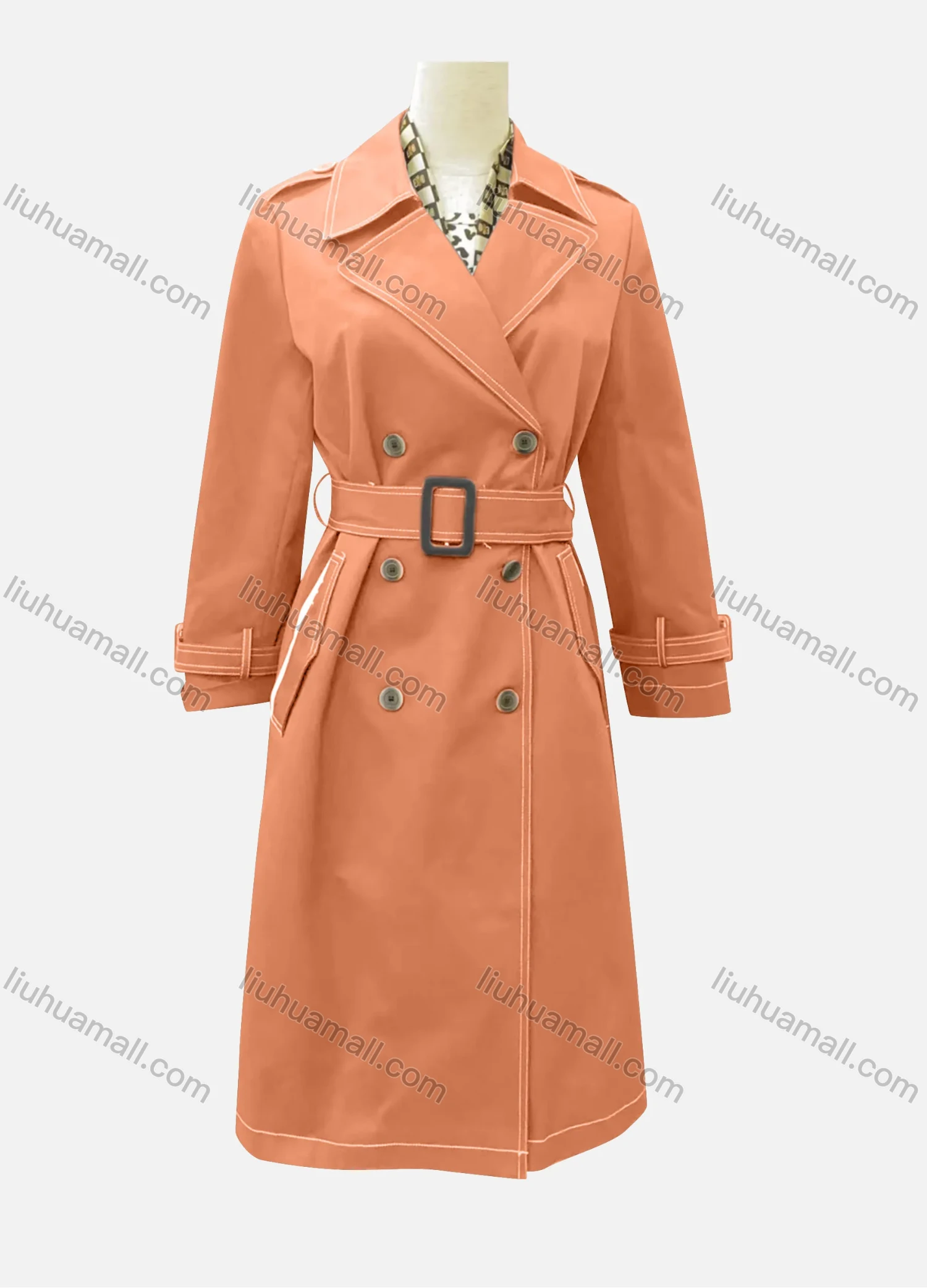Wholesale Women's Casual Plain Lapel Long Sleeve Double Breasted Trench Coat With Belt - Liuhuamall