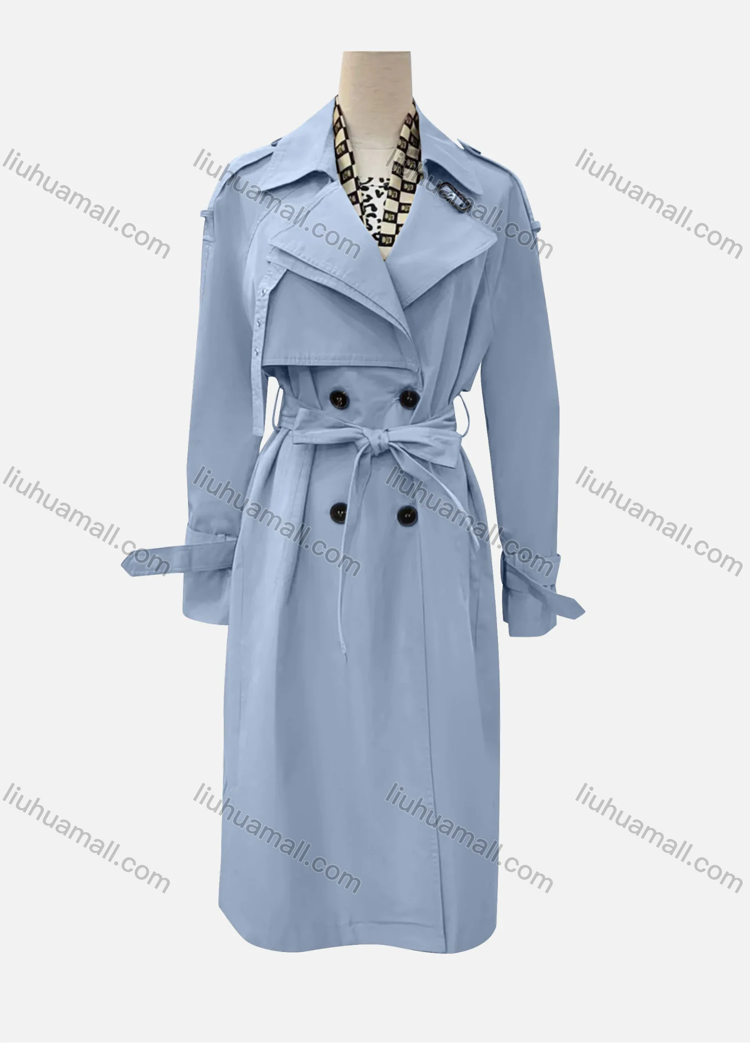 Wholesale Women's Casual Plain Lapel Long Sleeve Double Breasted Trench Coat With Belt - Liuhuamall