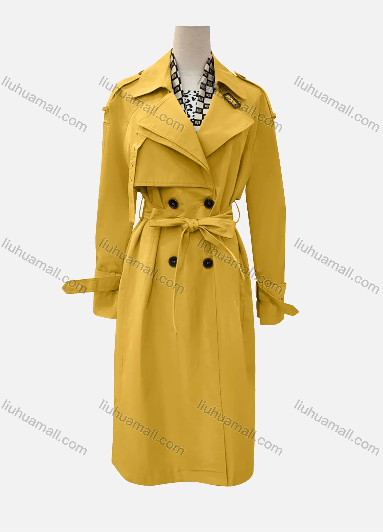 Wholesale Women's Casual Plain Lapel Long Sleeve Double Breasted Trench Coat With Belt - Liuhuamall