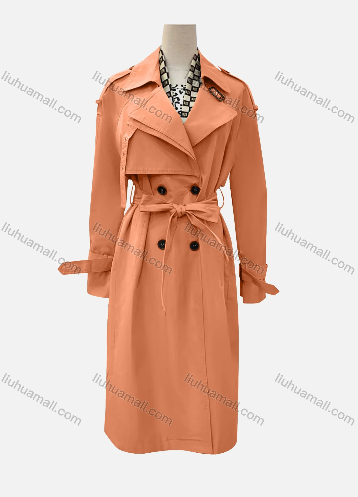 Wholesale Women's Casual Plain Lapel Long Sleeve Double Breasted Trench Coat With Belt - Liuhuamall