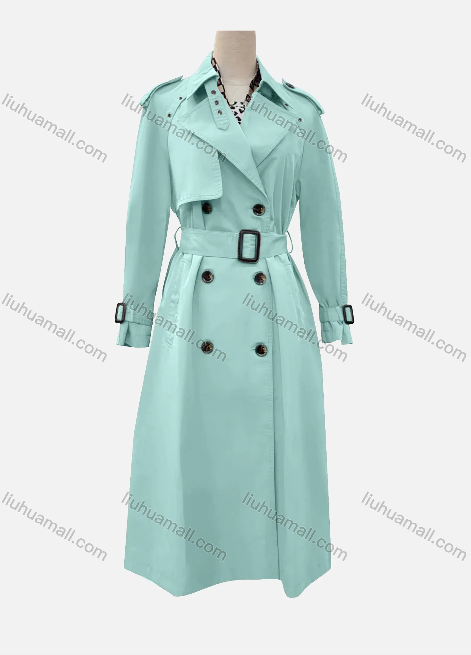 Wholesale Women's Casual Plain Lapel Long Sleeve Double Breasted Trench Coat With Belt - Liuhuamall