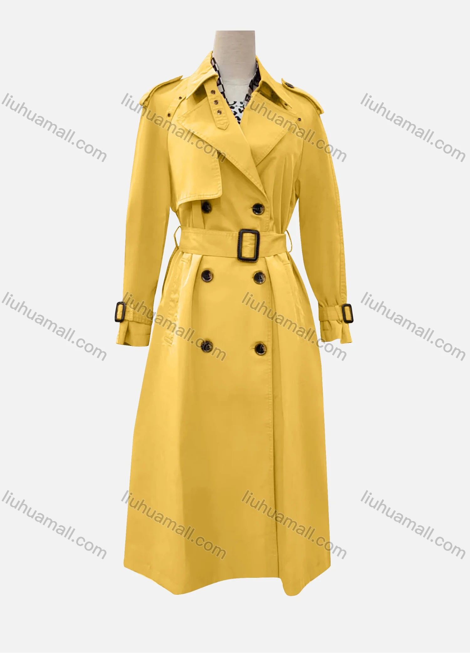 Wholesale Women's Casual Plain Lapel Long Sleeve Double Breasted Trench Coat With Belt - Liuhuamall