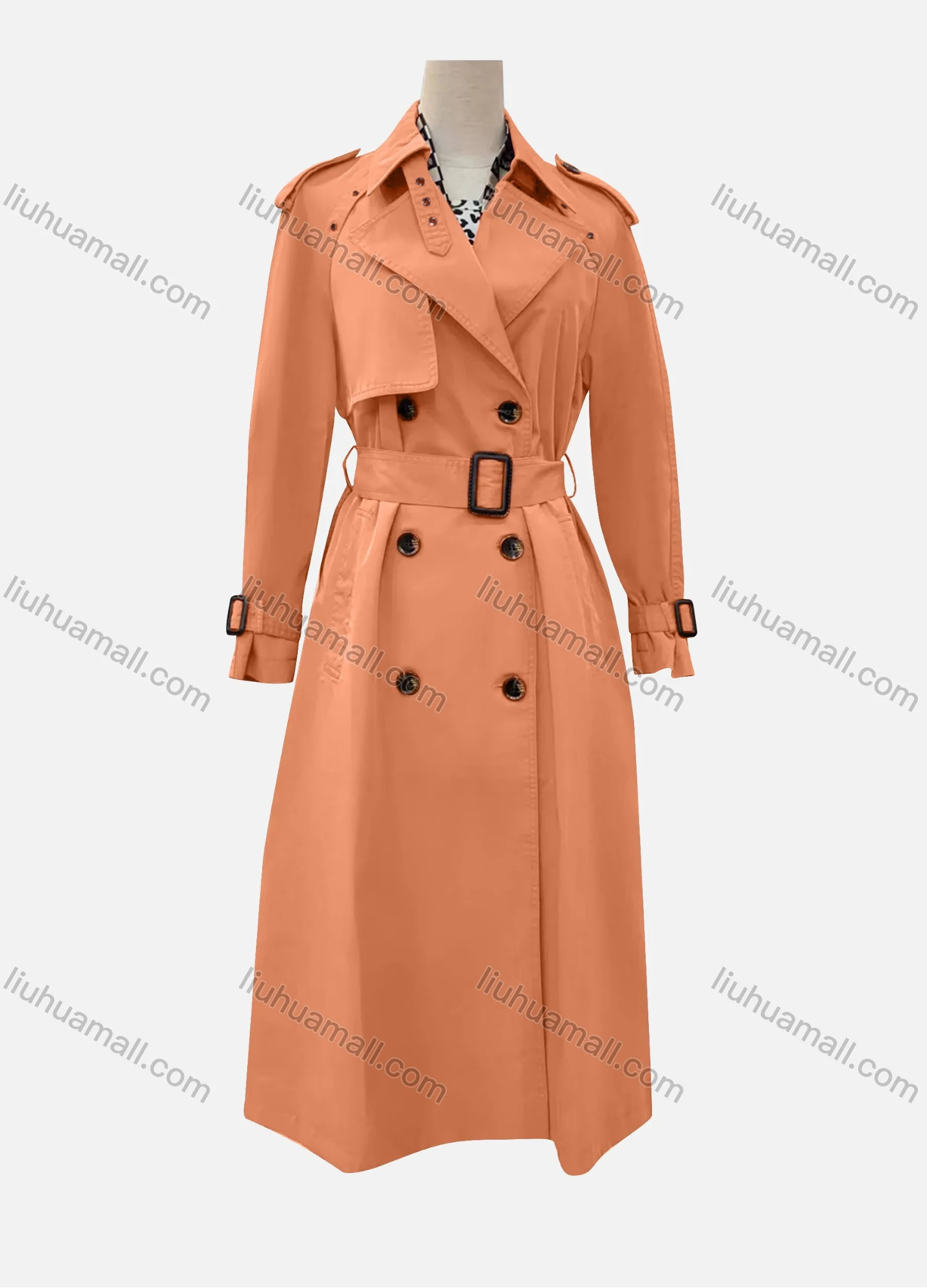 Wholesale Women's Casual Plain Lapel Long Sleeve Double Breasted Trench Coat With Belt - Liuhuamall