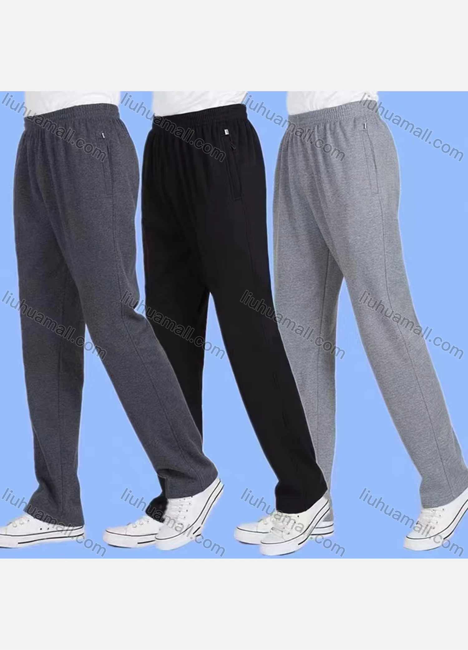 Wholesale Men's Casual Plain 100%Cotton Breathable Elastic Waist Slant Pockets Pants - Liuhuamall