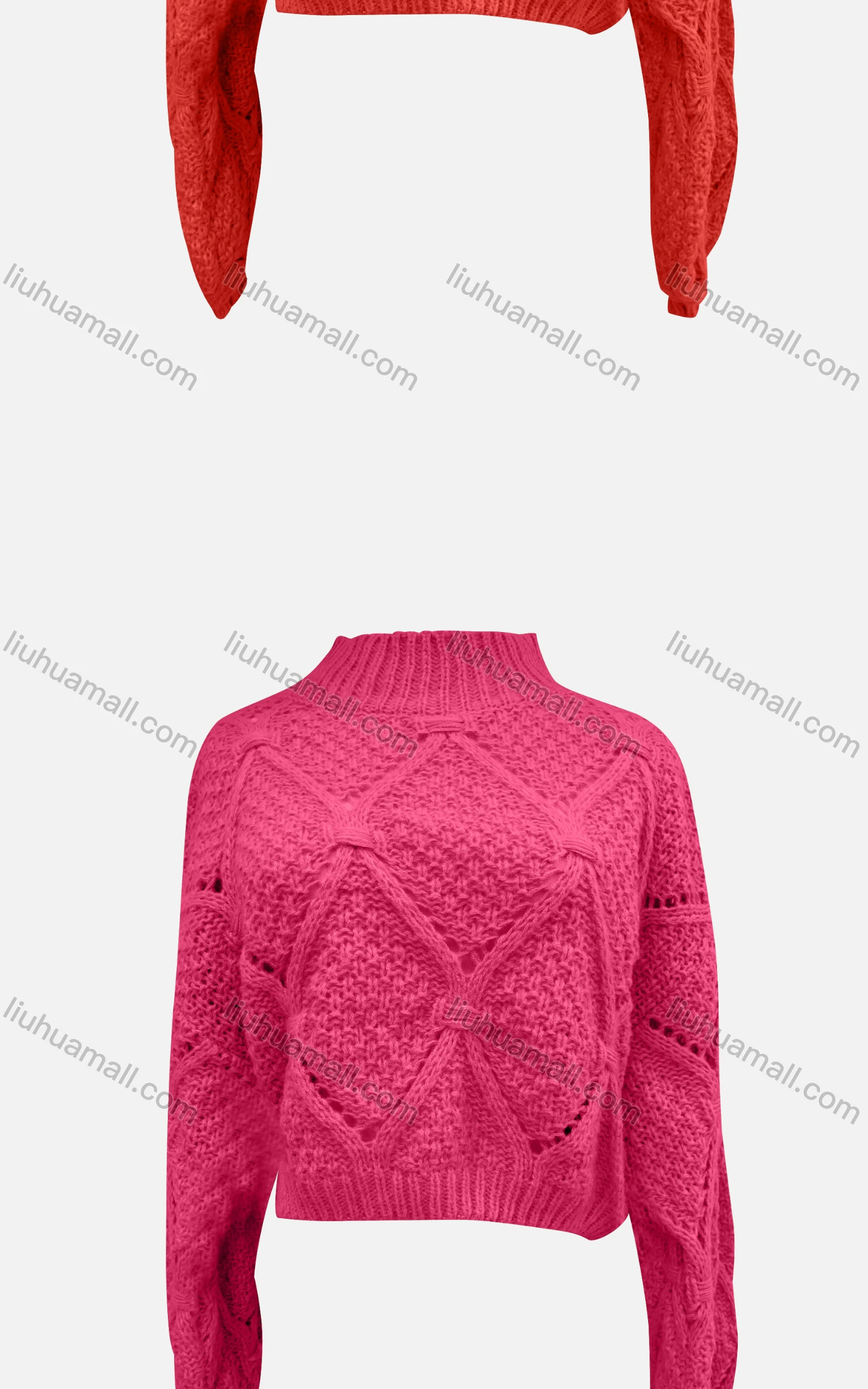 Wholesale Women's Casual Mock Neck Long Sleeve Hollow Out Knit Crop Sweater 872# - Liuhuamall