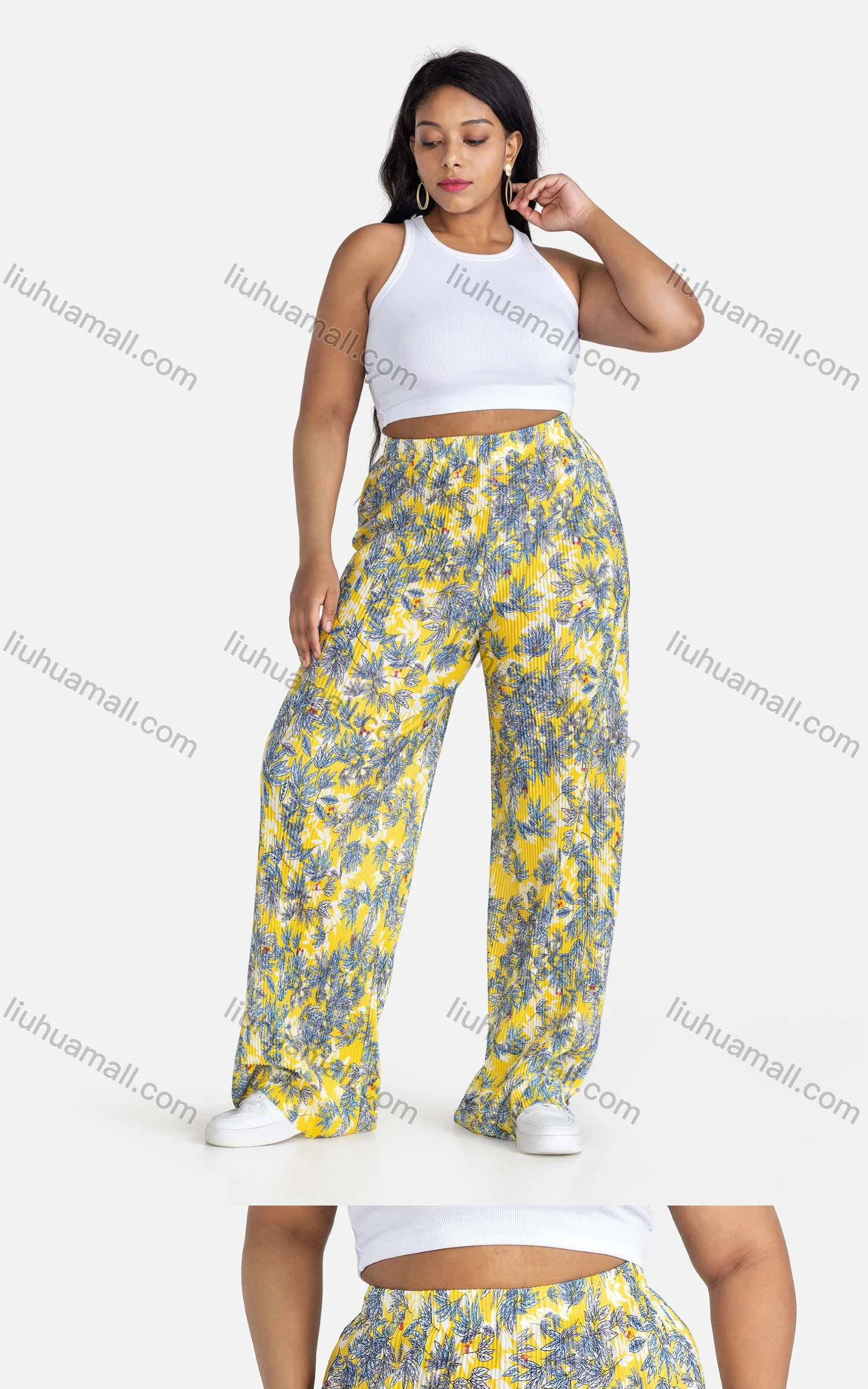 Wholesale Women's Casual Loose Fit Ruched High Waist Floral Extra-long legs Pants - Liuhuamall