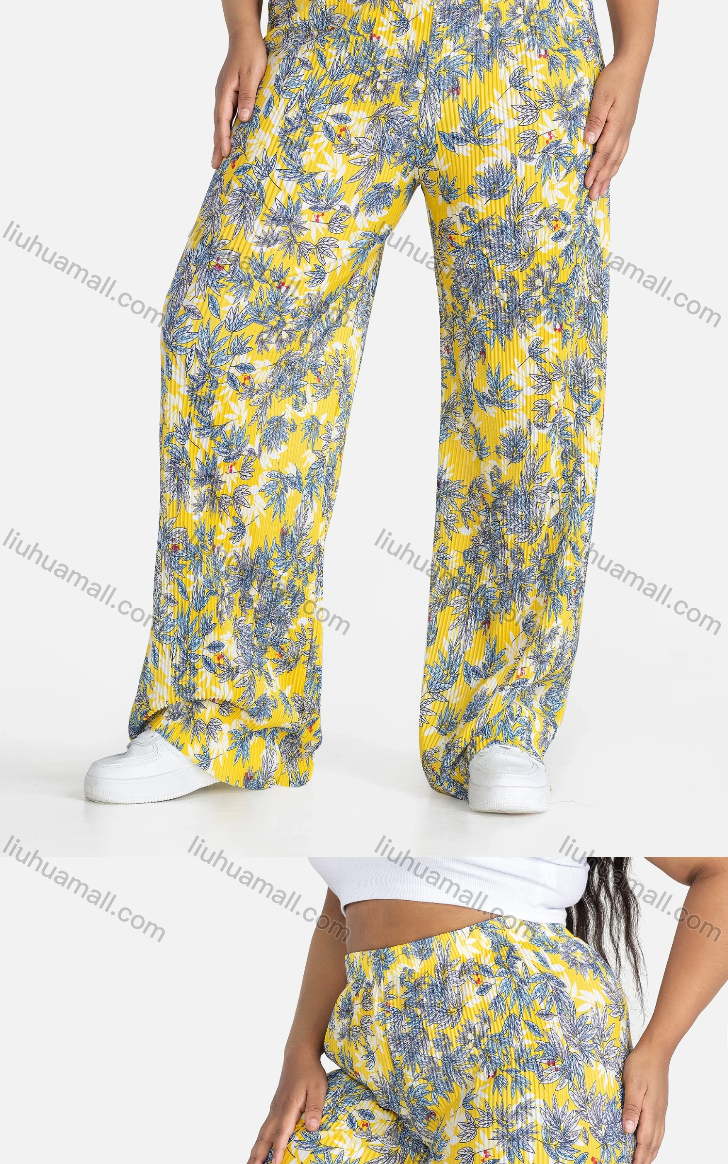 Wholesale Women's Casual Loose Fit Ruched High Waist Floral Extra-long legs Pants - Liuhuamall
