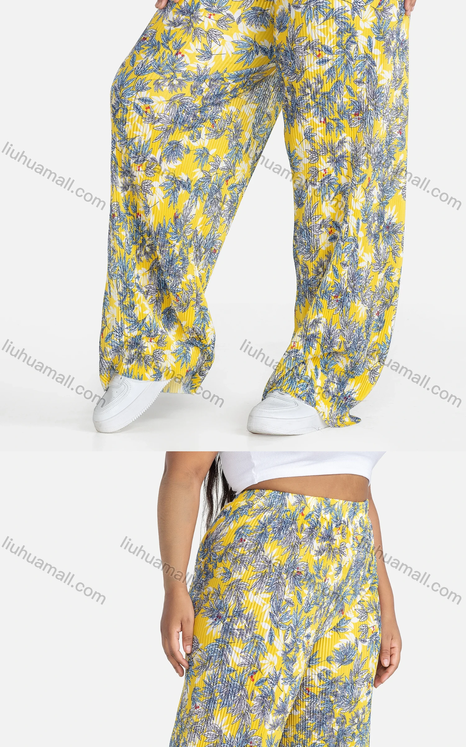 Wholesale Women's Casual Loose Fit Ruched High Waist Floral Extra-long legs Pants - Liuhuamall