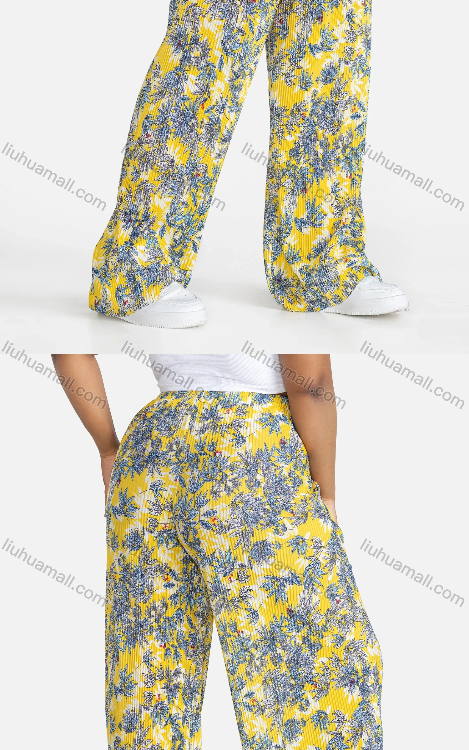 Wholesale Women's Casual Loose Fit Ruched High Waist Floral Extra-long legs Pants - Liuhuamall