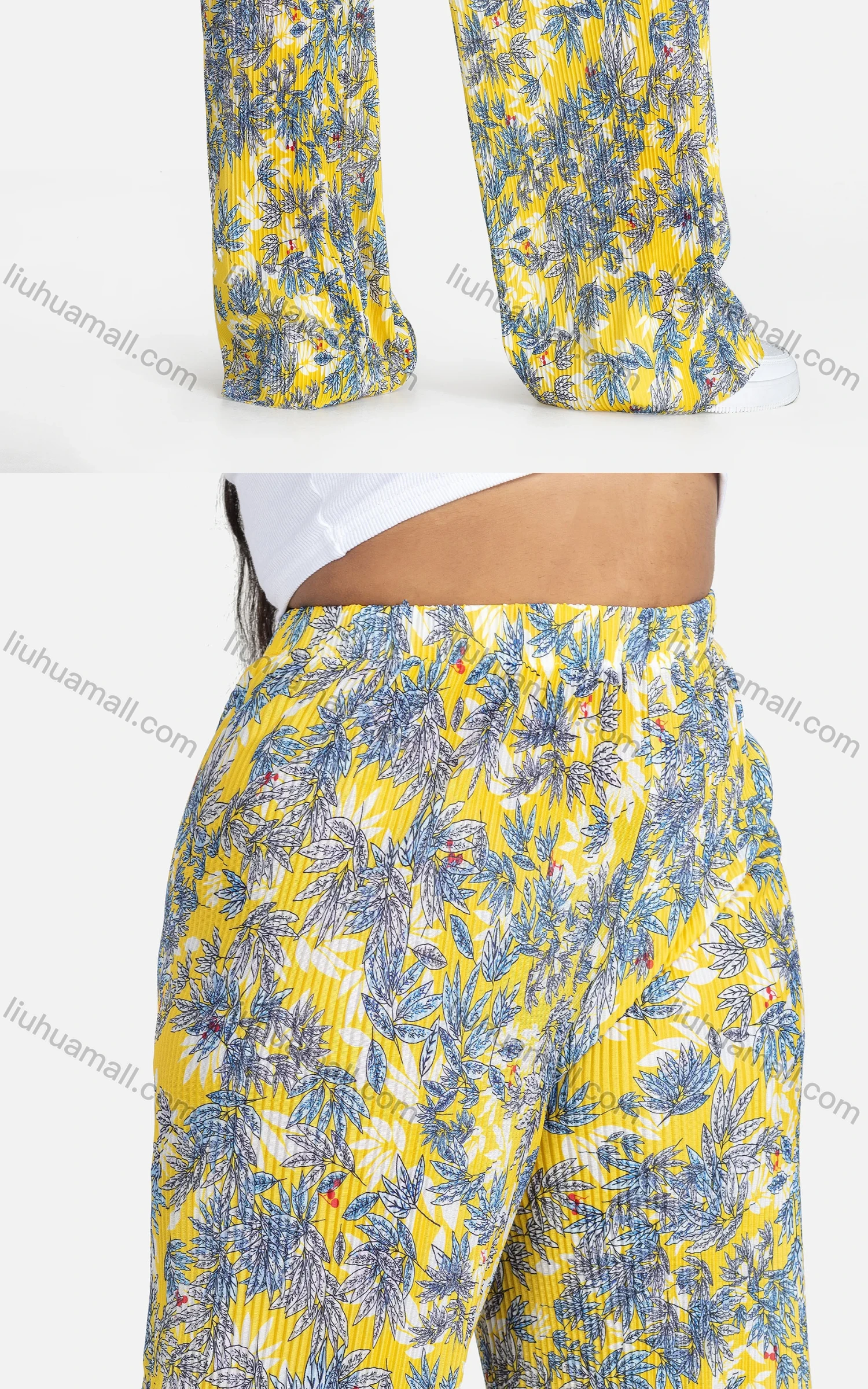 Wholesale Women's Casual Loose Fit Ruched High Waist Floral Extra-long legs Pants - Liuhuamall