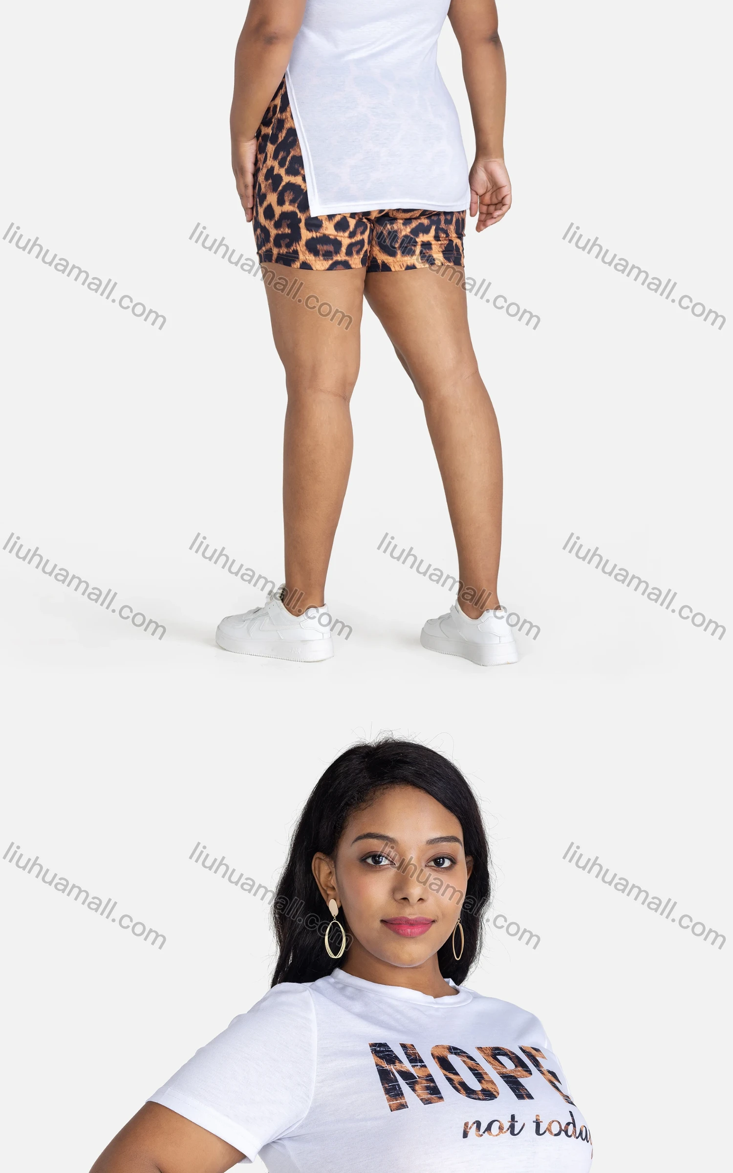 Wholesale Women's Casual Letter Split Side Short Sleeve Tee & Leopard Skinny Fit Shorts Set - Liuhuamall