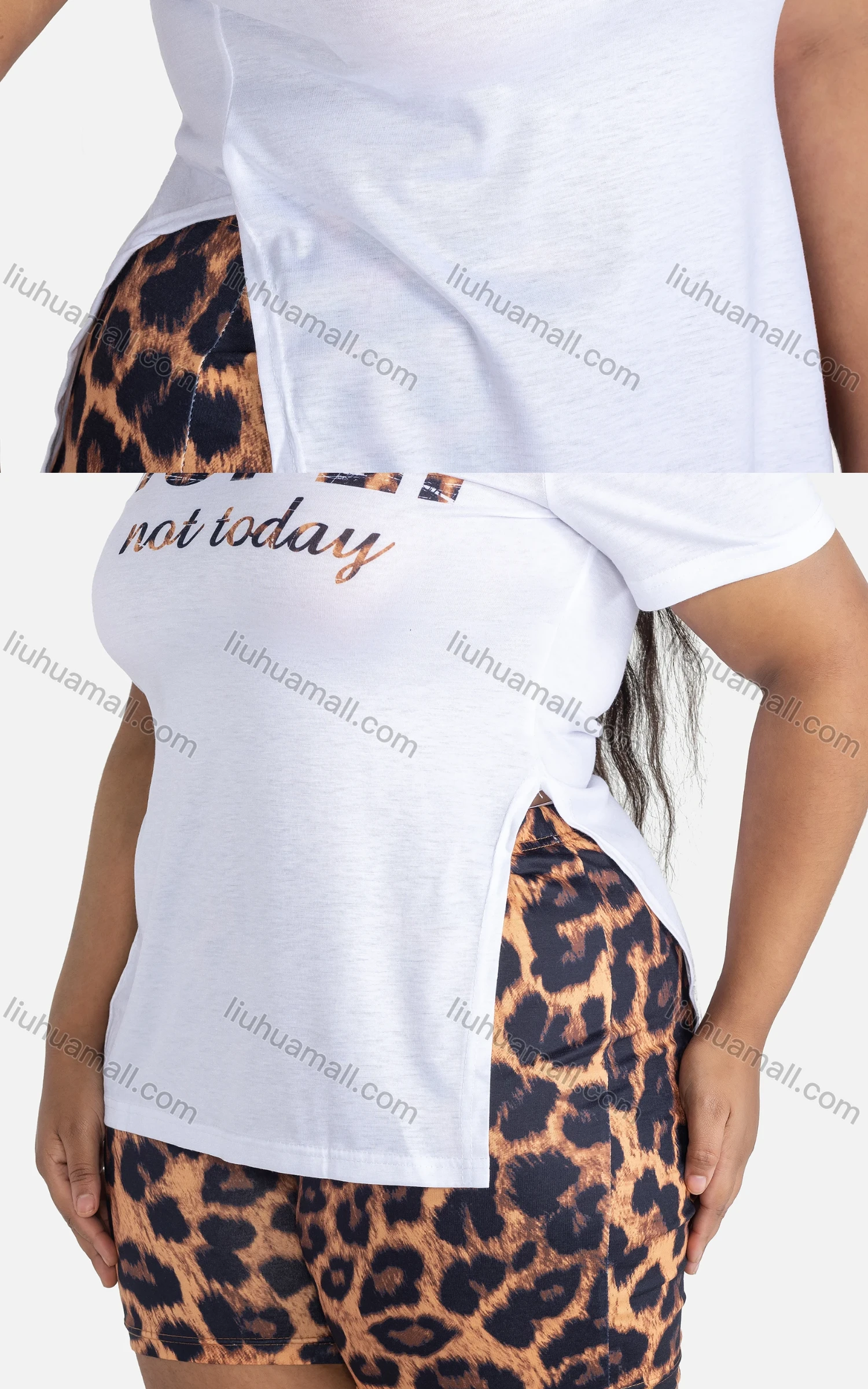 Wholesale Women's Casual Letter Split Side Short Sleeve Tee & Leopard Skinny Fit Shorts Set - Liuhuamall