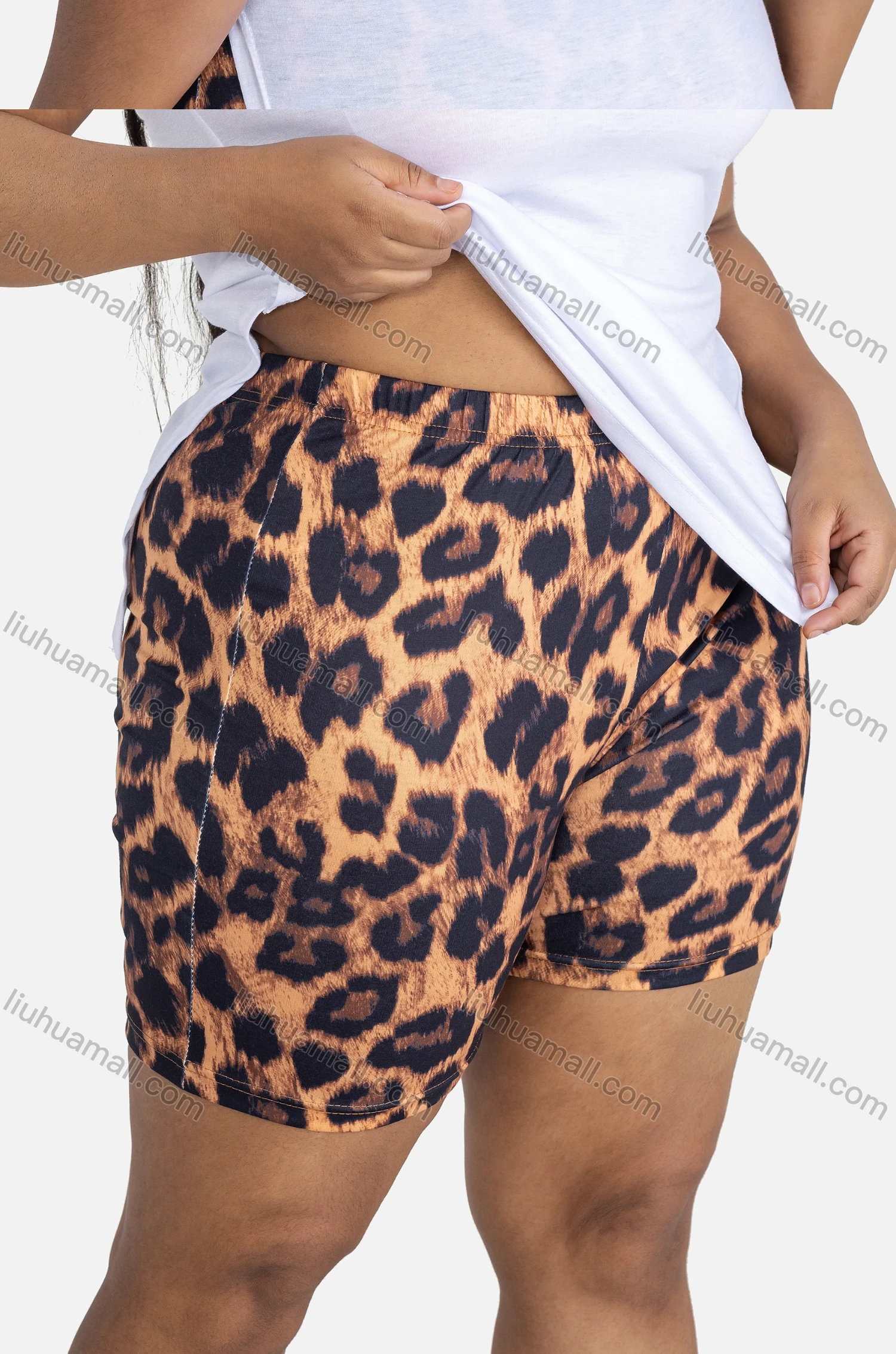 Wholesale Women's Casual Letter Split Side Short Sleeve Tee & Leopard Skinny Fit Shorts Set - Liuhuamall