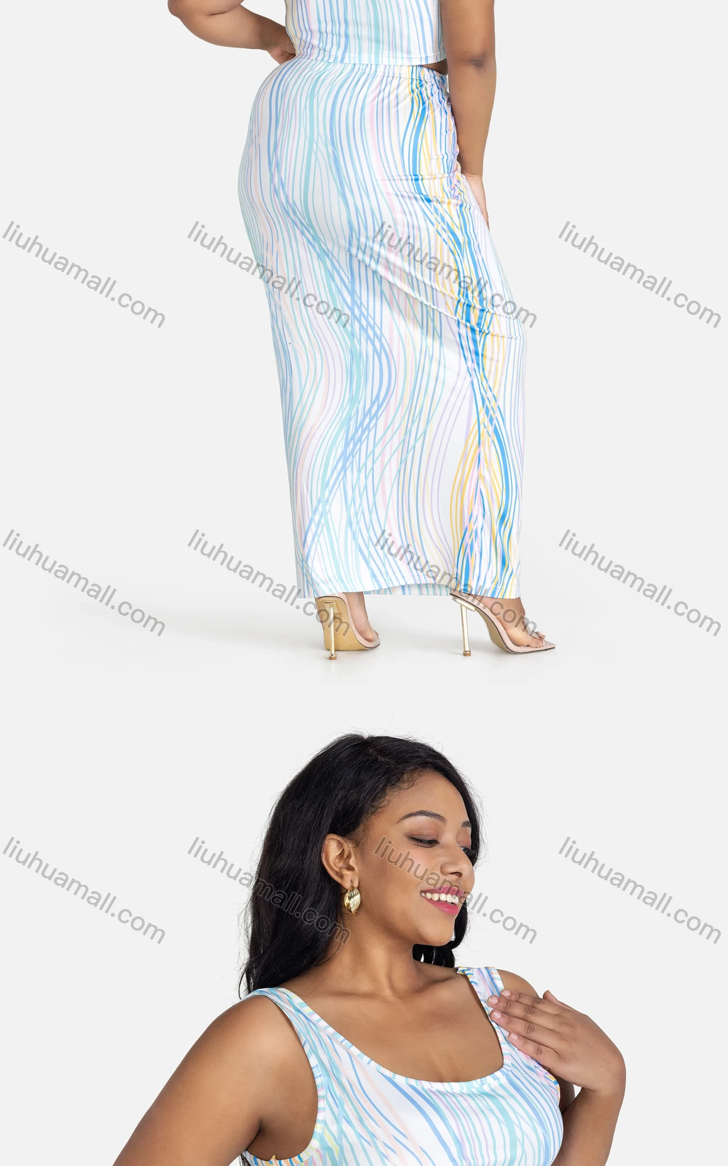 Wholesale Women's Casual Striped Crop Tank Top & Maxi Skirt 2-piece Set - Liuhuamall