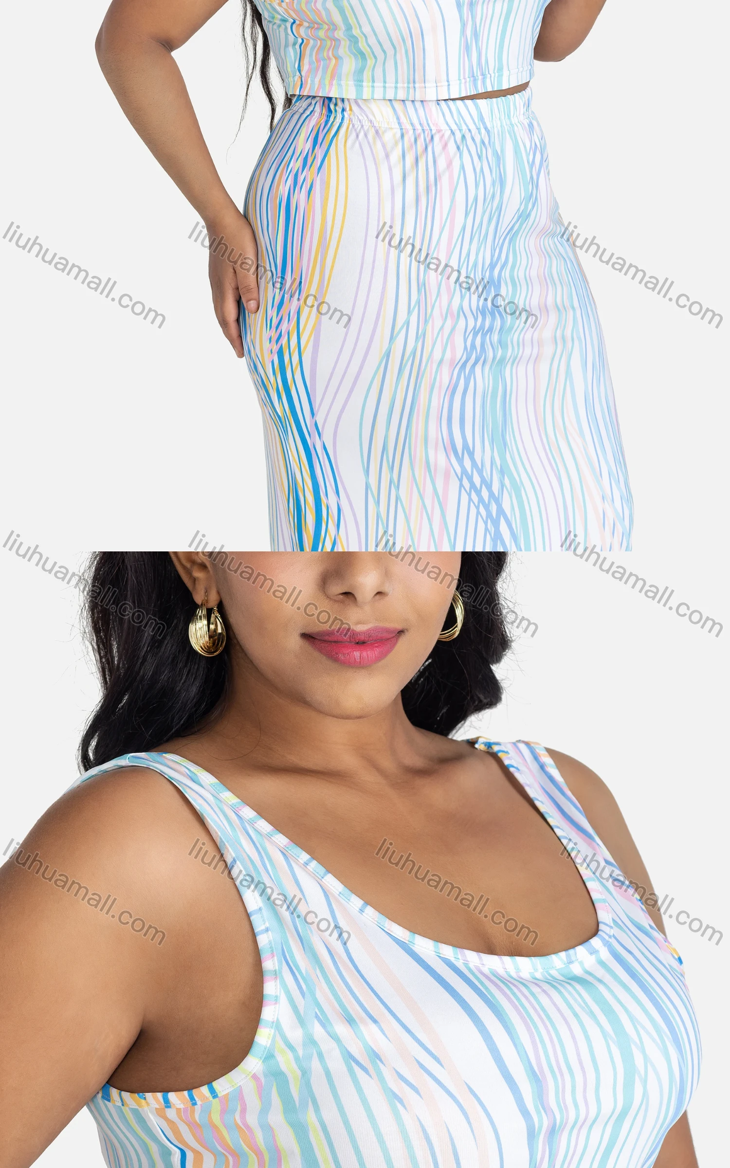 Wholesale Women's Casual Striped Crop Tank Top & Maxi Skirt 2-piece Set - Liuhuamall