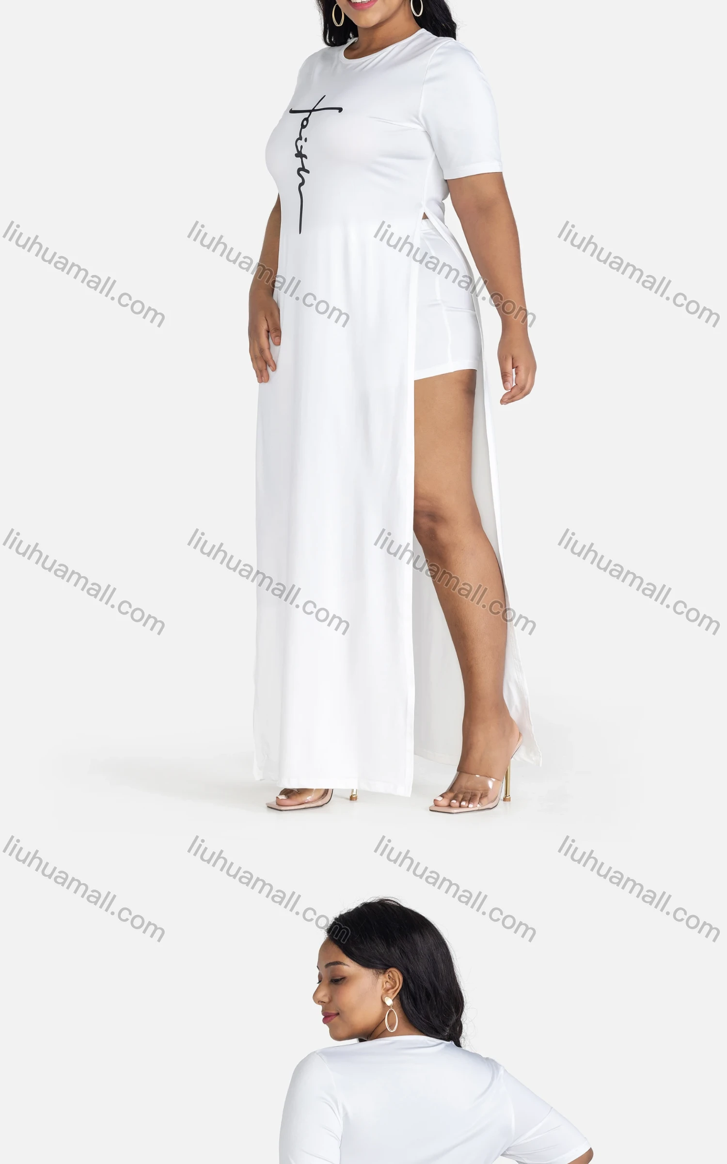 Wholesale Women's Sexy Loose Fit Crew Neck Short Sleeve Split Side Dress - Liuhuamall