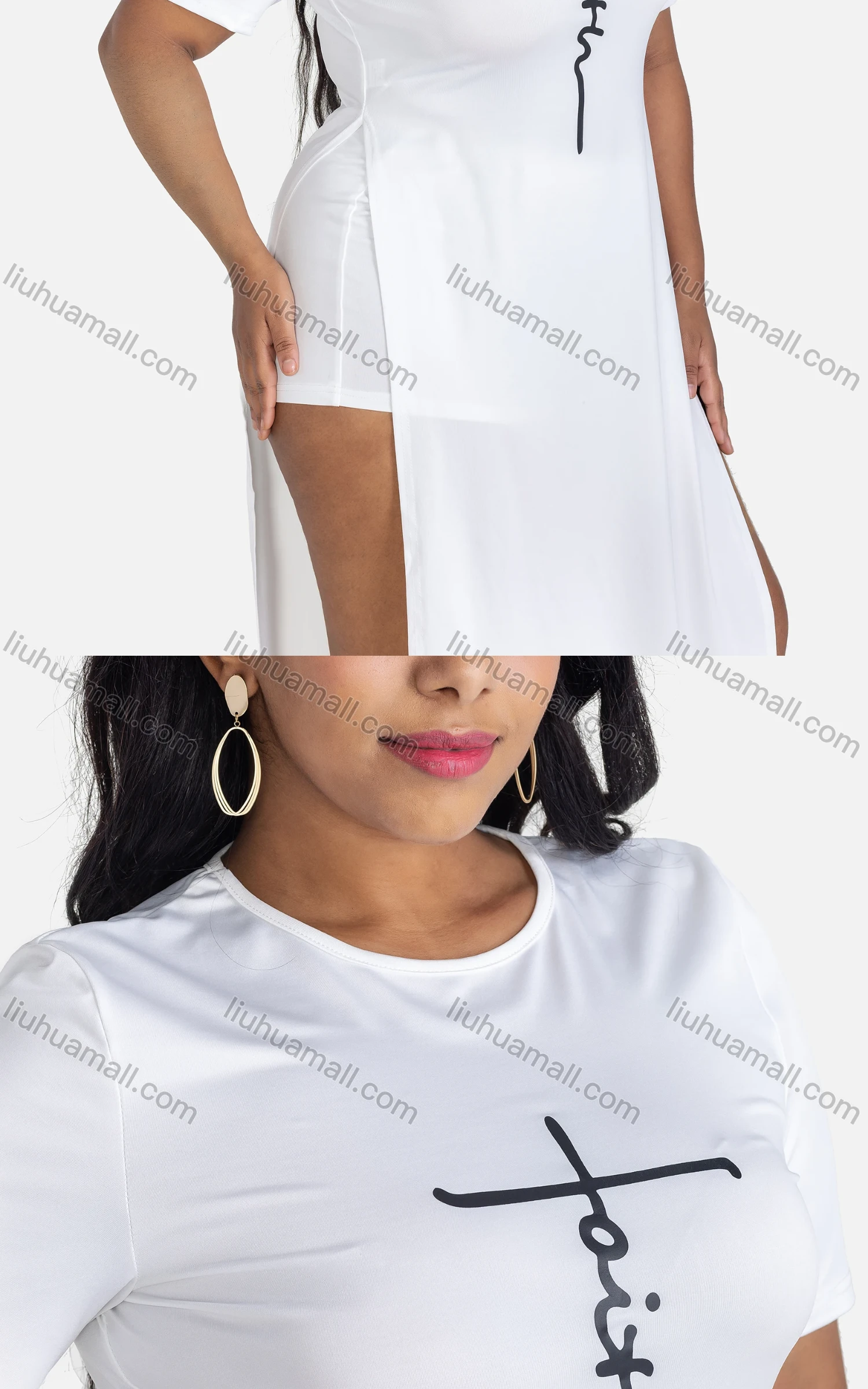 Wholesale Women's Sexy Loose Fit Crew Neck Short Sleeve Split Side Dress - Liuhuamall