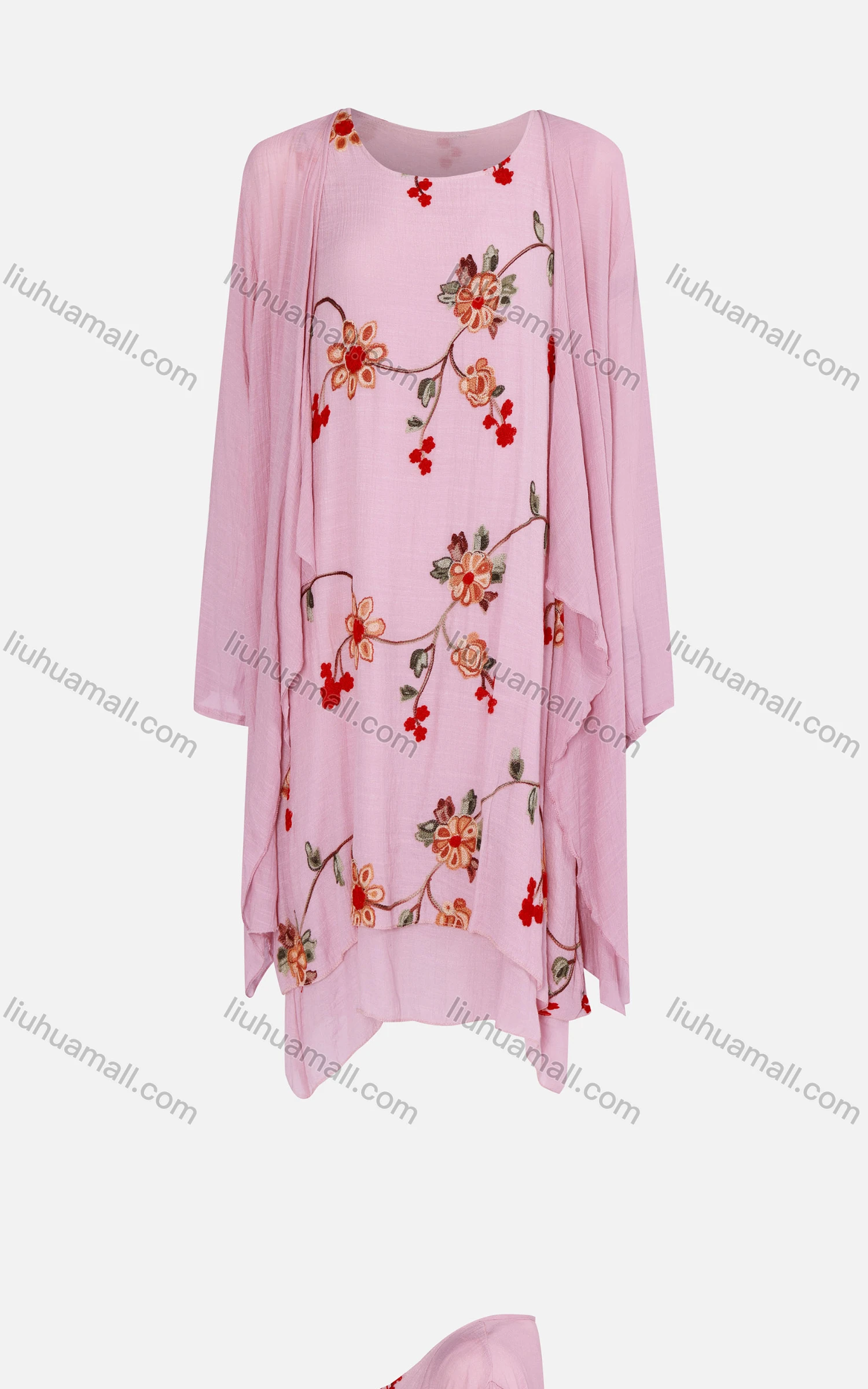 Wholesale Women's Casual Cardigan & Embroidered Floral Curved Hem Dress 2-piece Set 1613-1# - Liuhuamall