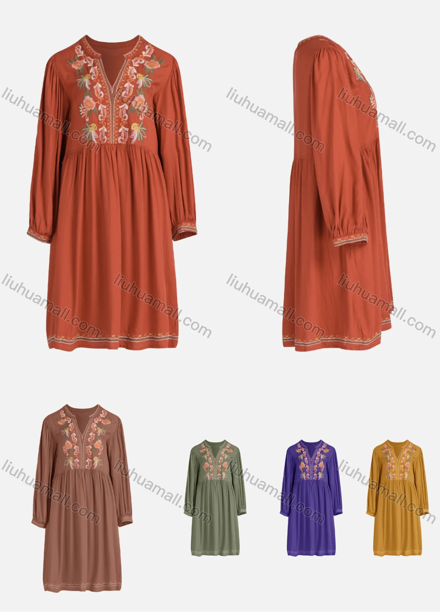 Wholesale Women's Casual Vintage Floral Embroidery Notched Neck Long Sleeve Midi Dress - Liuhuamall