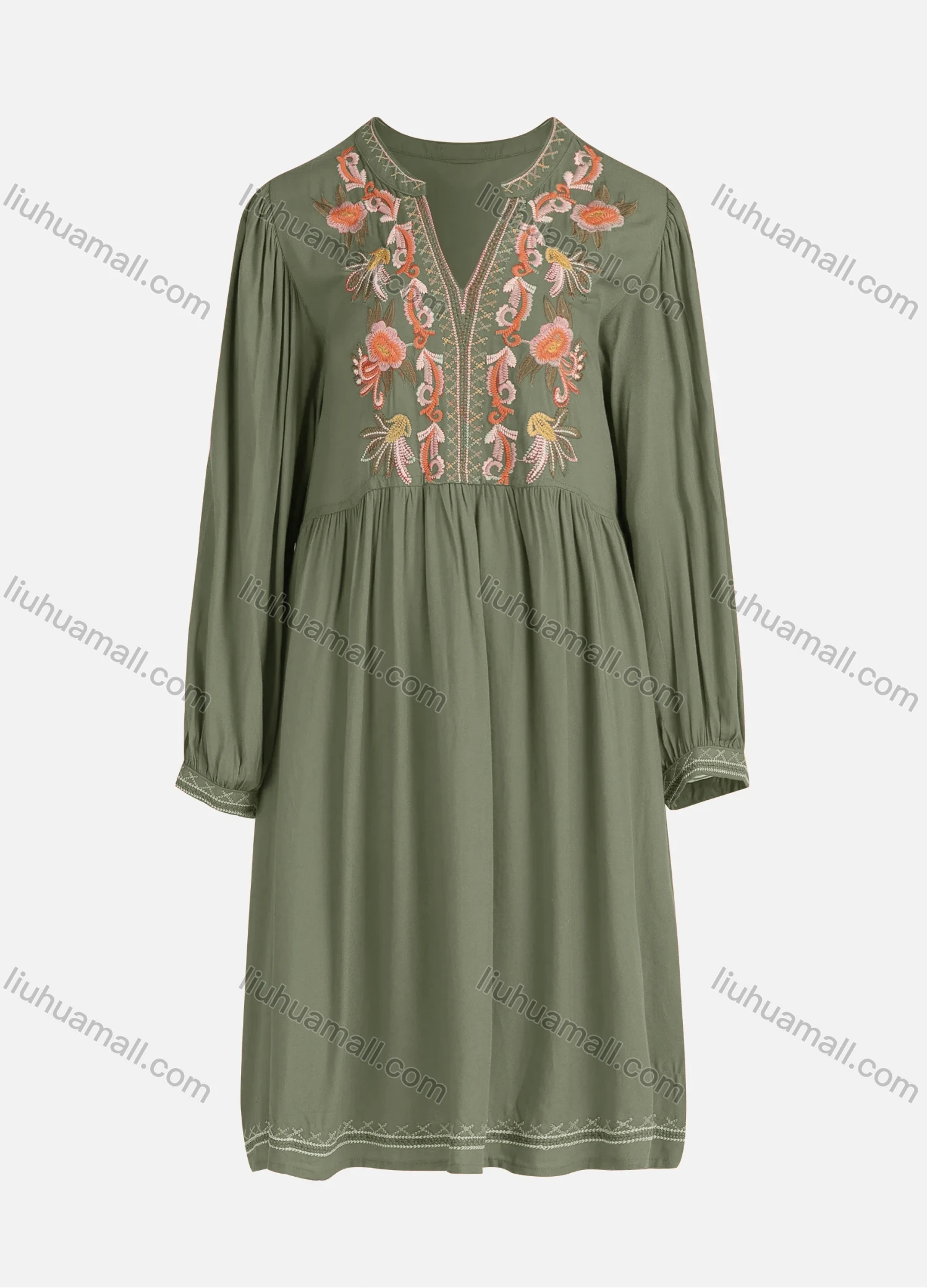 Wholesale Women's Casual Vintage Floral Embroidery Notched Neck Long Sleeve Midi Dress - Liuhuamall