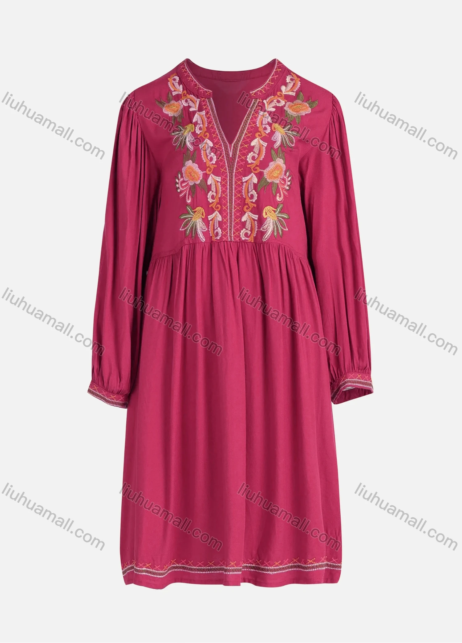 Wholesale Women's Casual Vintage Floral Embroidery Notched Neck Long Sleeve Midi Dress - Liuhuamall