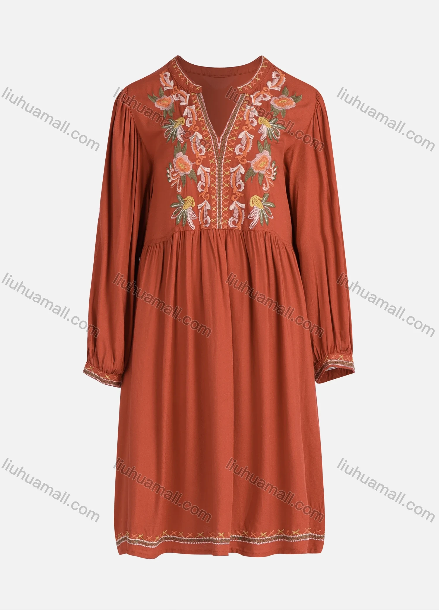 Wholesale Women's Casual Vintage Floral Embroidery Notched Neck Long Sleeve Midi Dress - Liuhuamall
