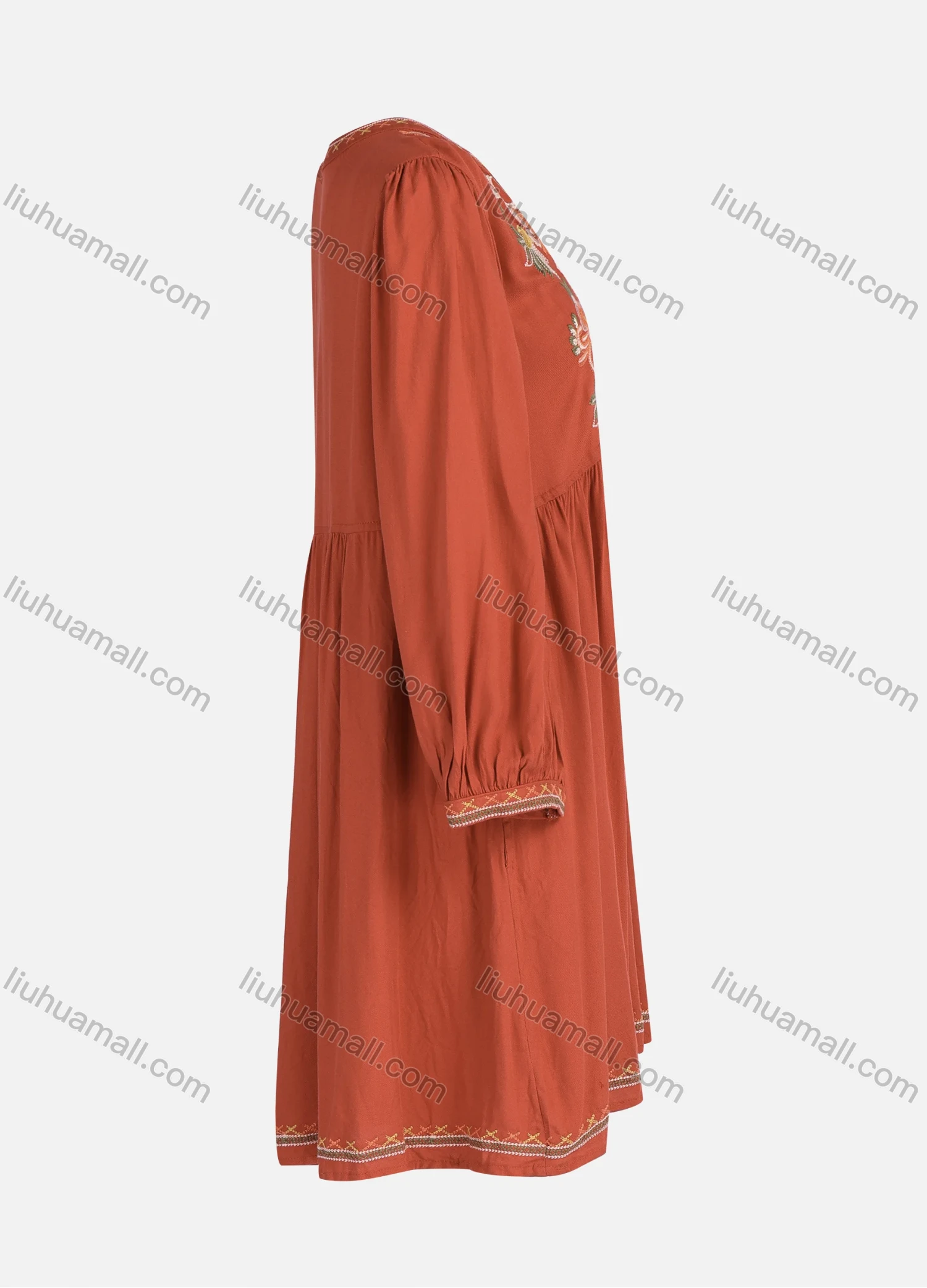Wholesale Women's Casual Vintage Floral Embroidery Notched Neck Long Sleeve Midi Dress - Liuhuamall