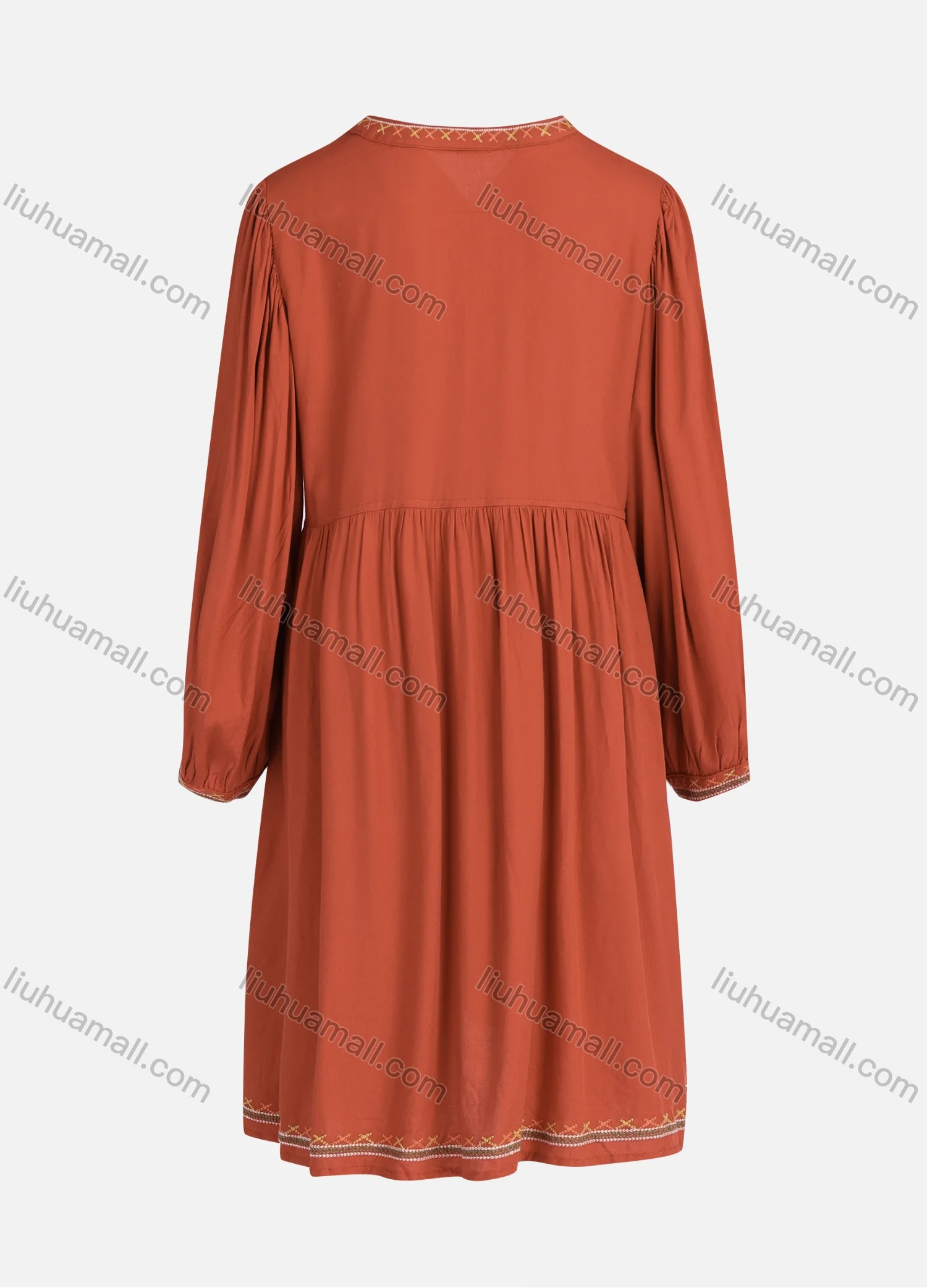 Wholesale Women's Casual Vintage Floral Embroidery Notched Neck Long Sleeve Midi Dress - Liuhuamall