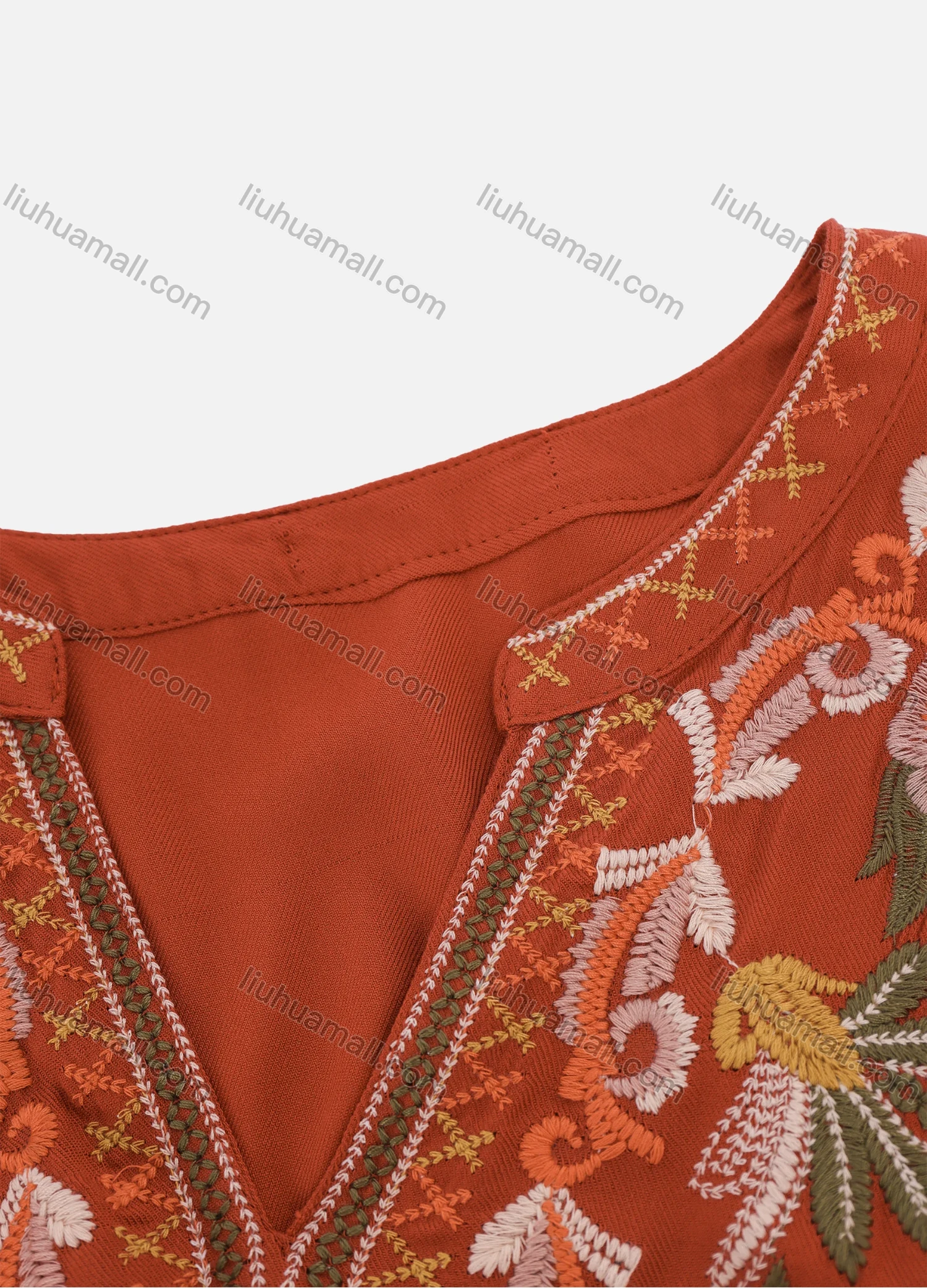 Wholesale Women's Casual Vintage Floral Embroidery Notched Neck Long Sleeve Midi Dress - Liuhuamall