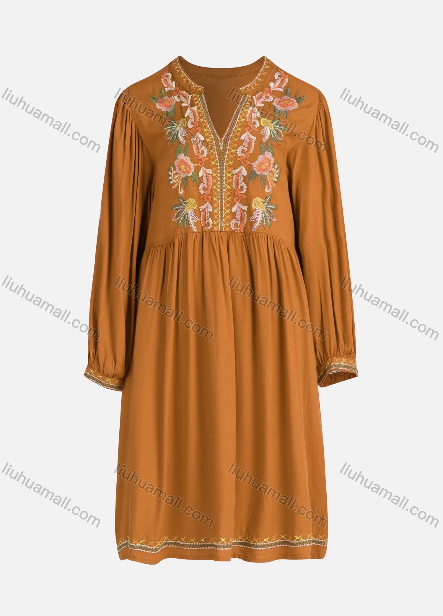 Wholesale Women's Casual Vintage Floral Embroidery Notched Neck Long Sleeve Midi Dress - Liuhuamall