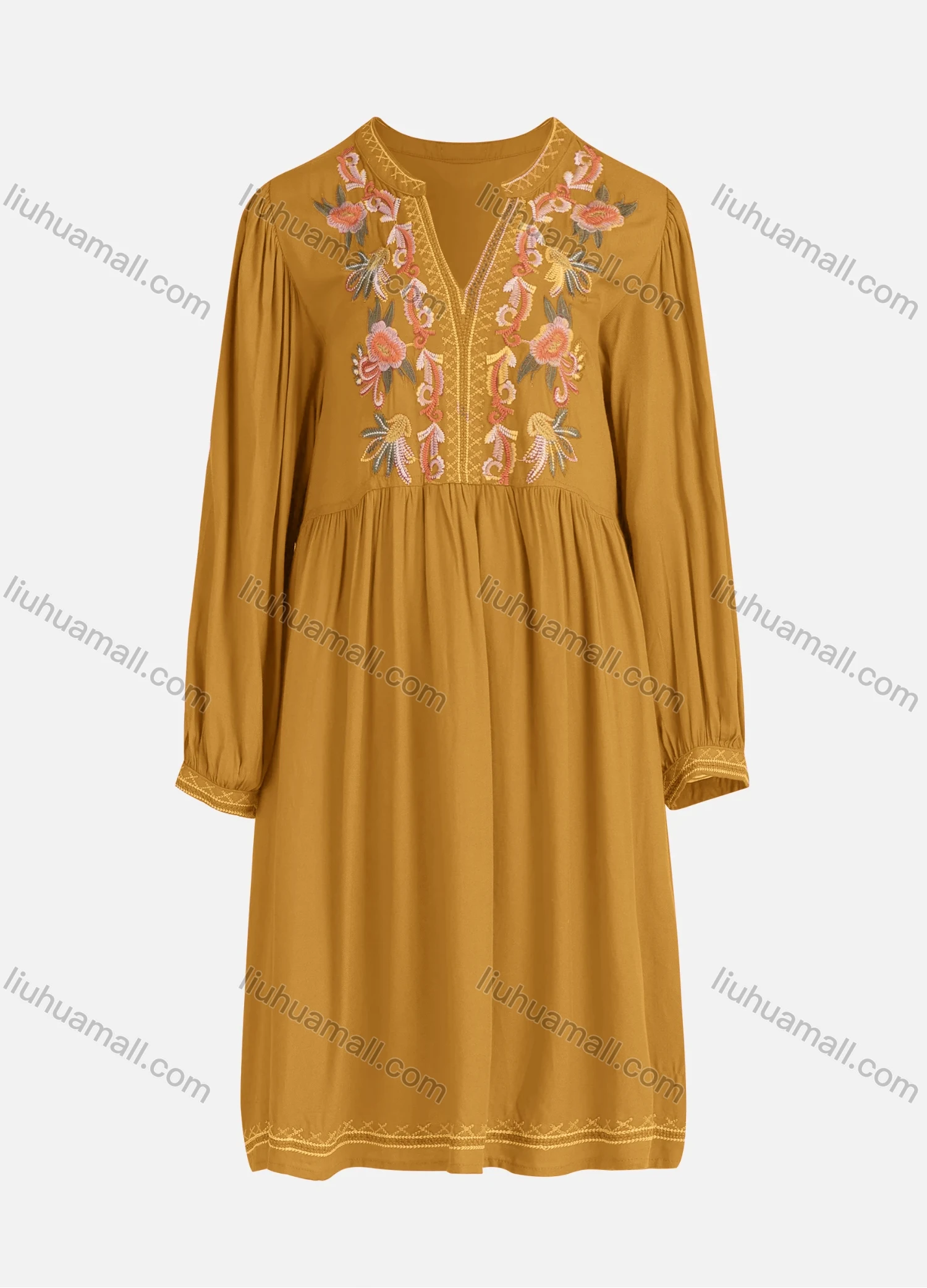 Wholesale Women's Casual Vintage Floral Embroidery Notched Neck Long Sleeve Midi Dress - Liuhuamall