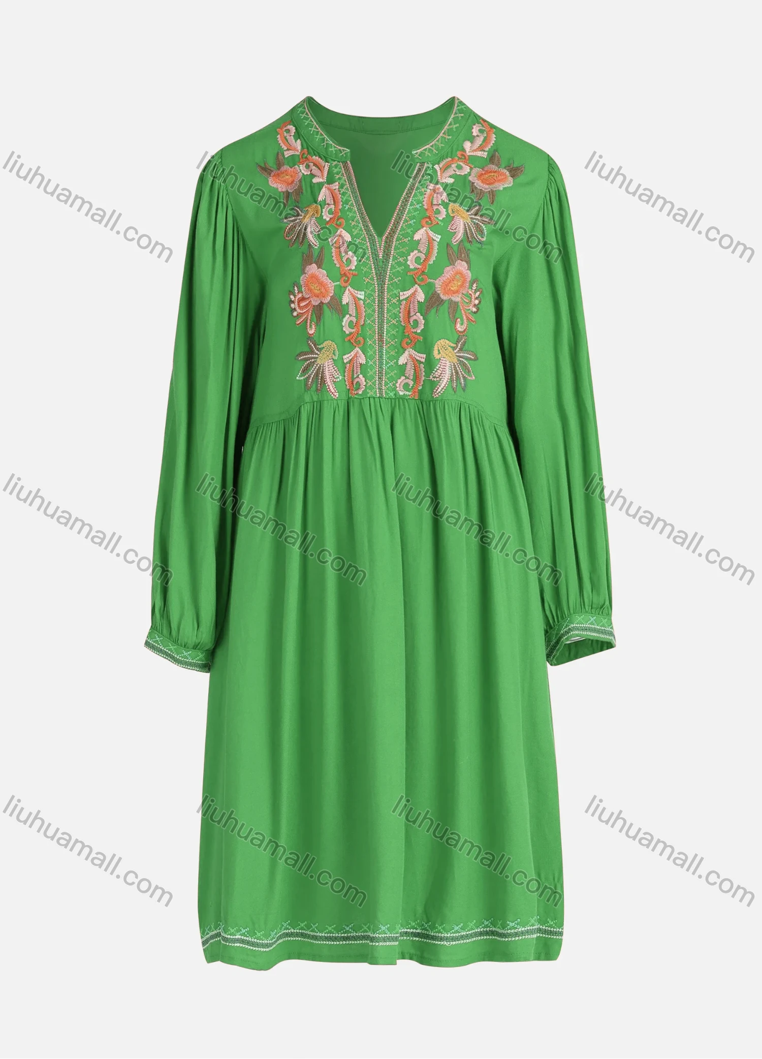 Wholesale Women's Casual Vintage Floral Embroidery Notched Neck Long Sleeve Midi Dress - Liuhuamall