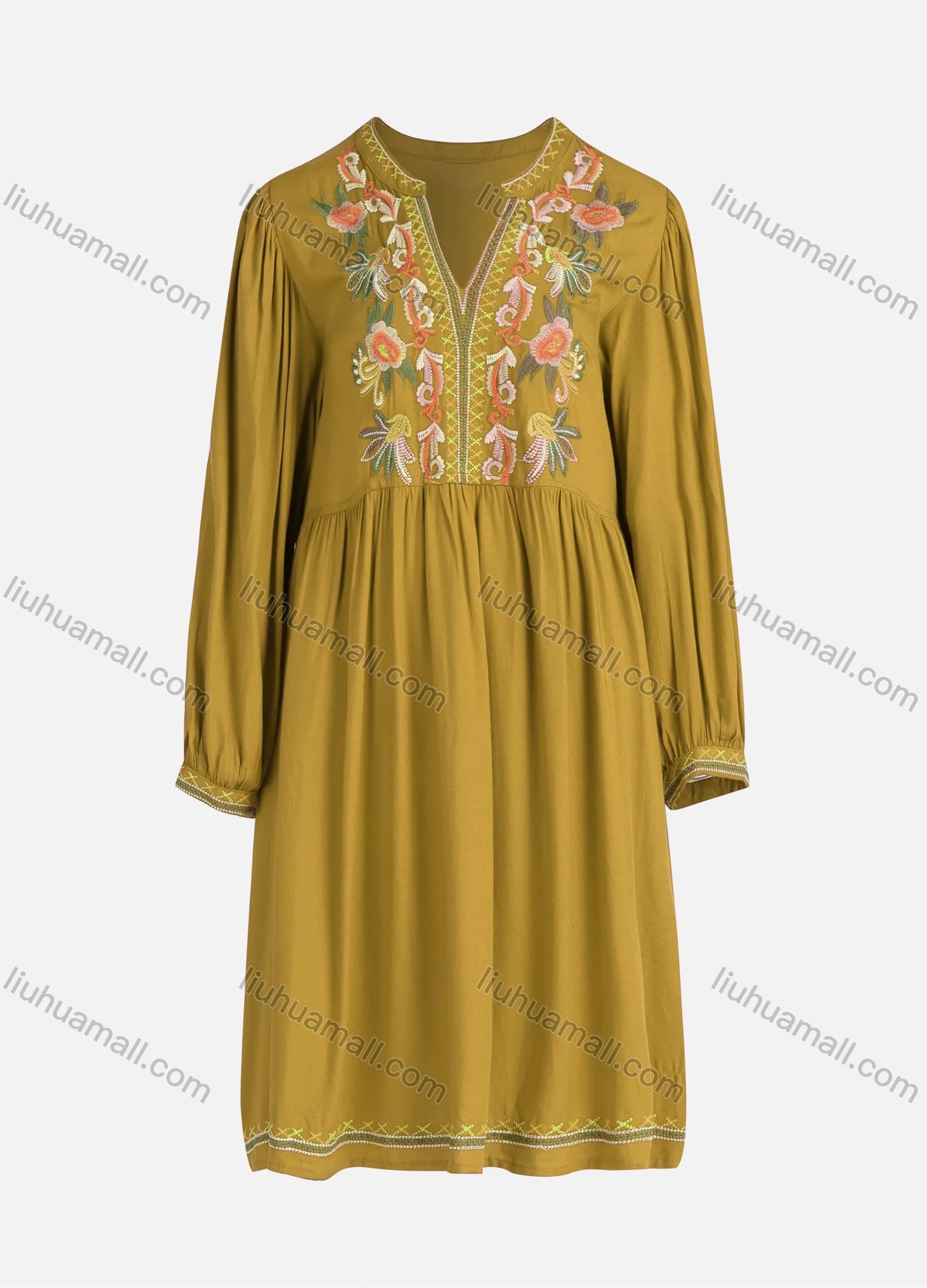 Wholesale Women's Casual Vintage Floral Embroidery Notched Neck Long Sleeve Midi Dress - Liuhuamall