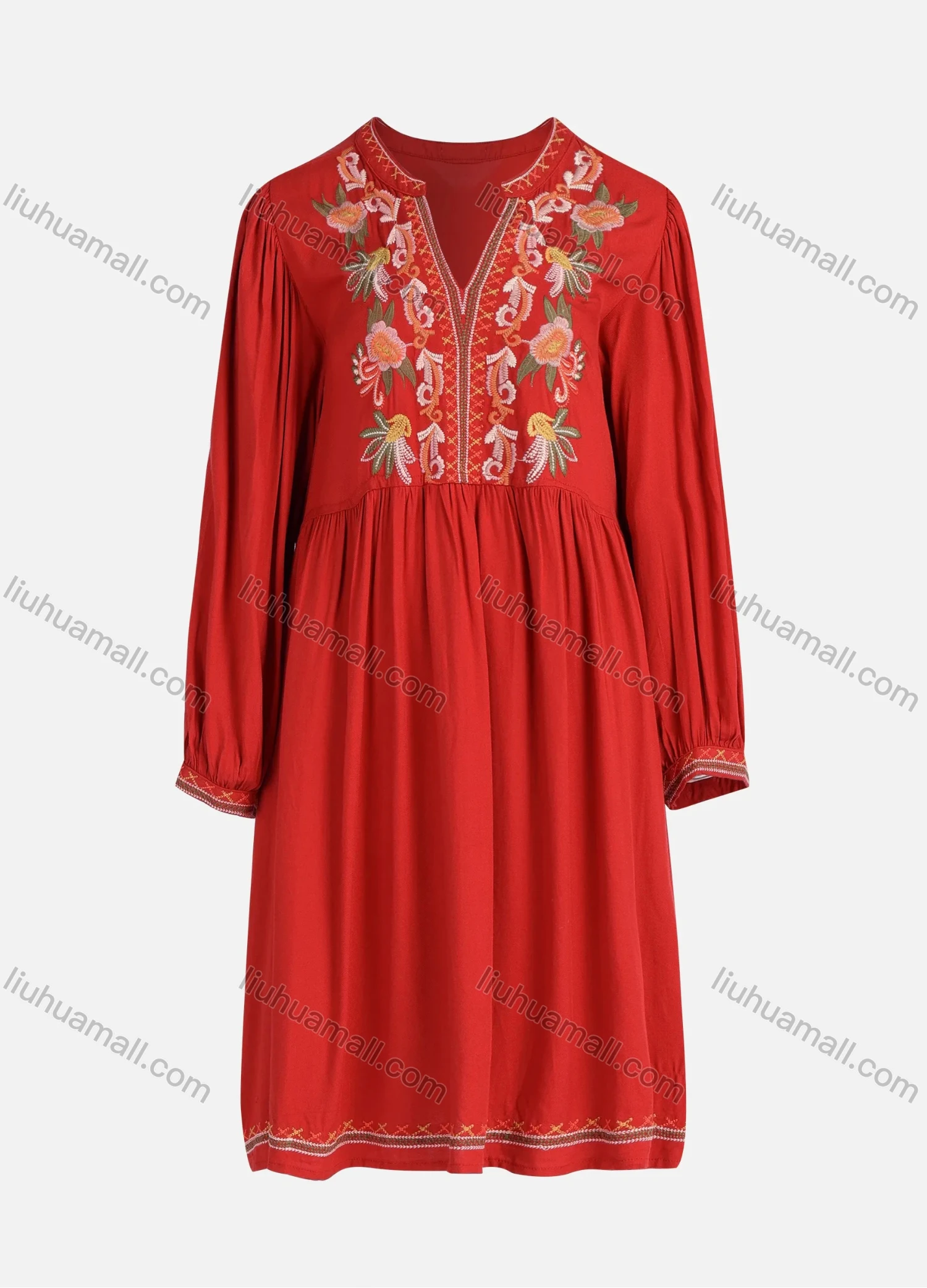 Wholesale Women's Casual Vintage Floral Embroidery Notched Neck Long Sleeve Midi Dress - Liuhuamall