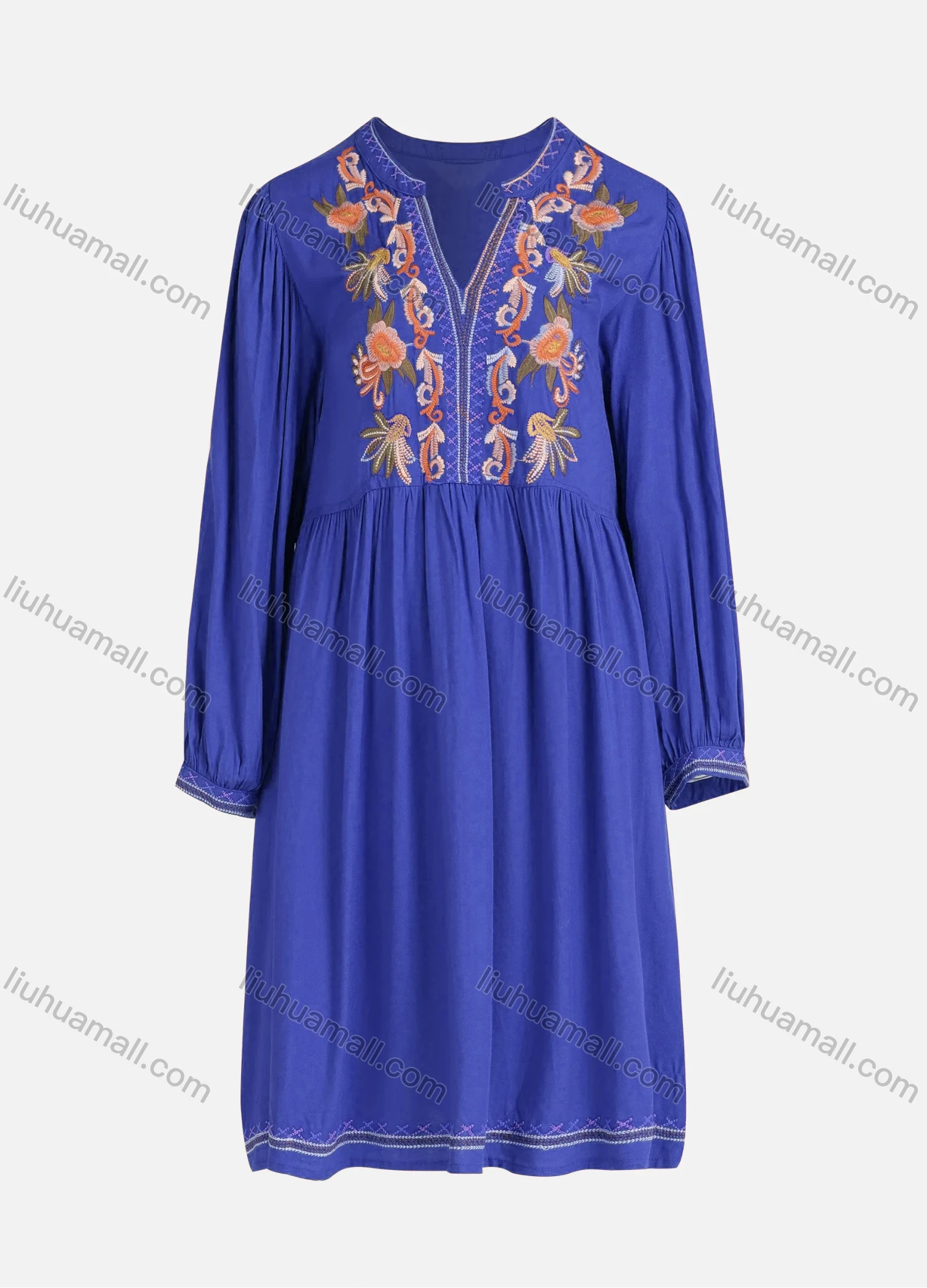 Wholesale Women's Casual Vintage Floral Embroidery Notched Neck Long Sleeve Midi Dress - Liuhuamall