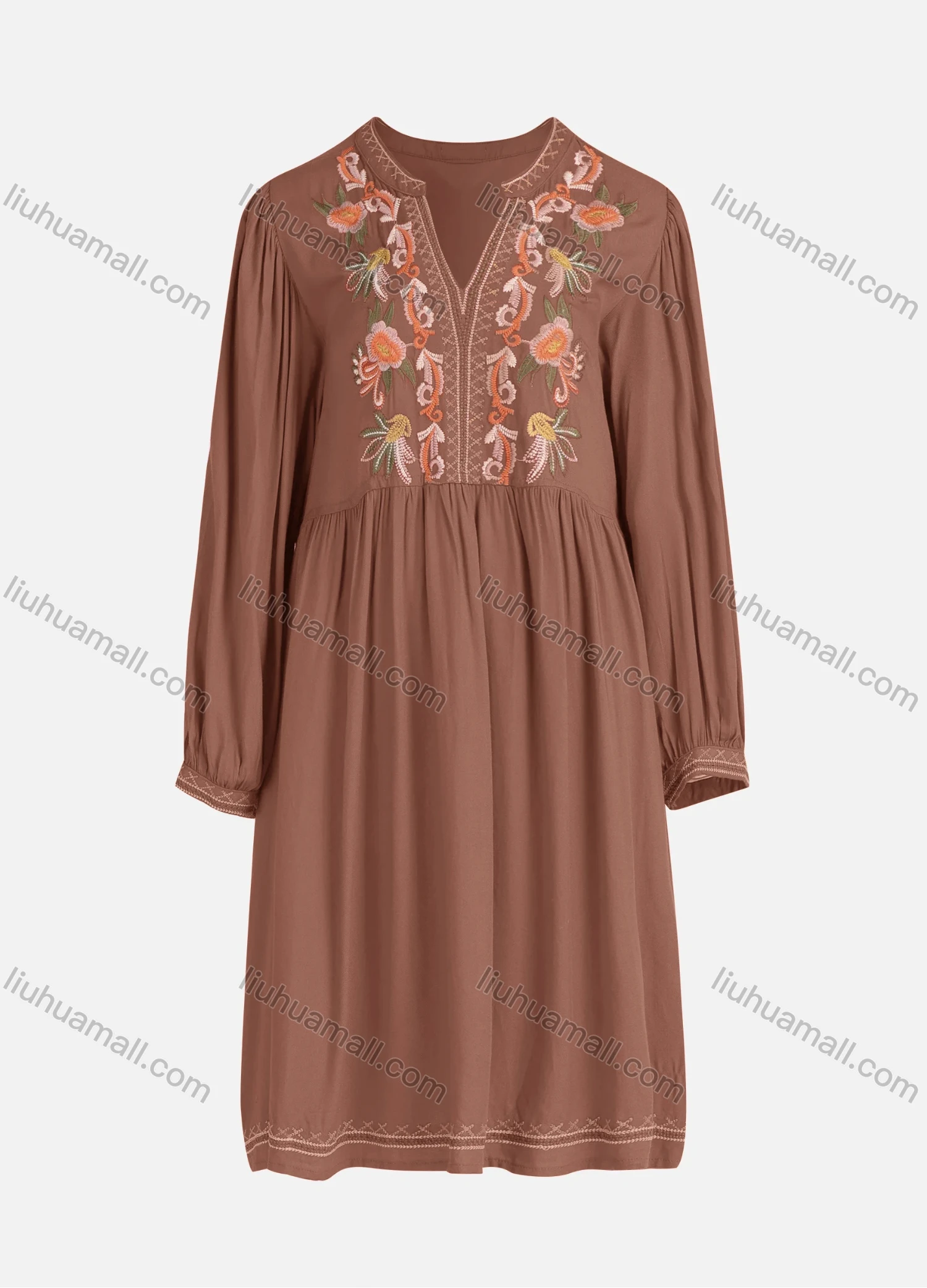 Wholesale Women's Casual Vintage Floral Embroidery Notched Neck Long Sleeve Midi Dress - Liuhuamall