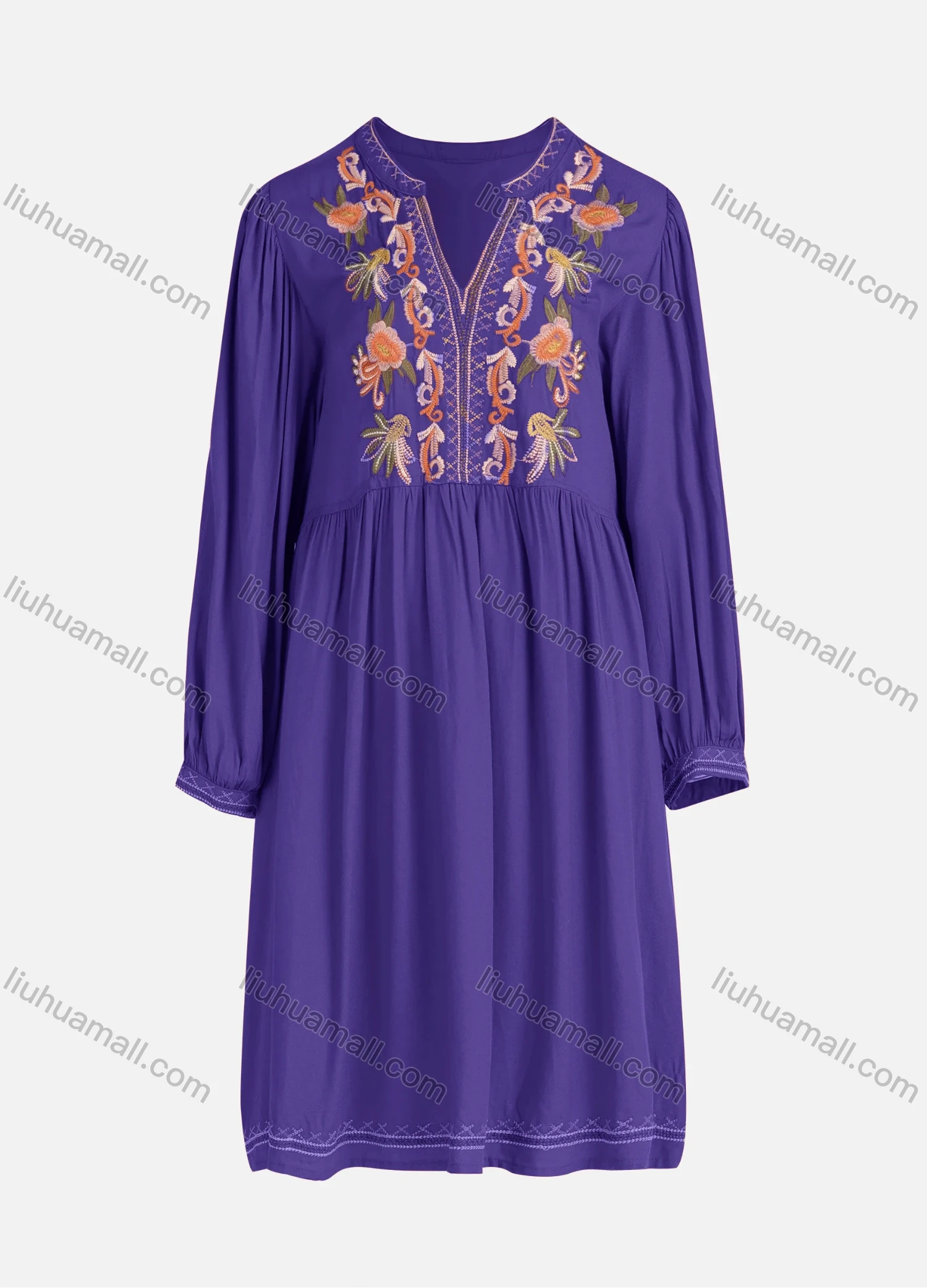 Wholesale Women's Casual Vintage Floral Embroidery Notched Neck Long Sleeve Midi Dress - Liuhuamall